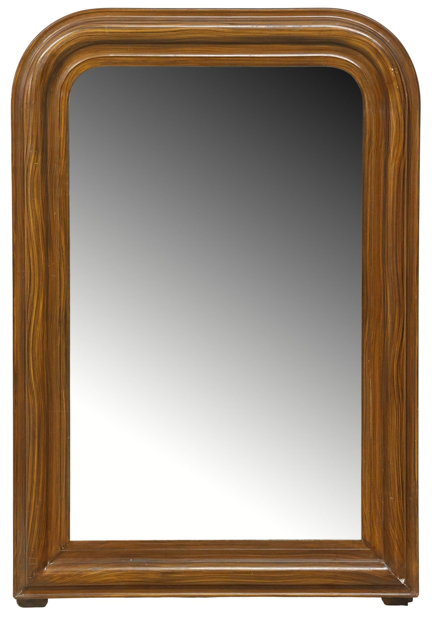 FRENCH LOUIS PHILIPPE PERIOD GRAIN-PAINTED MIRROR: French Louis Philippe period wall mirror, mid 19th c., having arched frame in a later grain-painted finish, encasing flat mirror plate, approx 40"h, 27"w, 28lbs