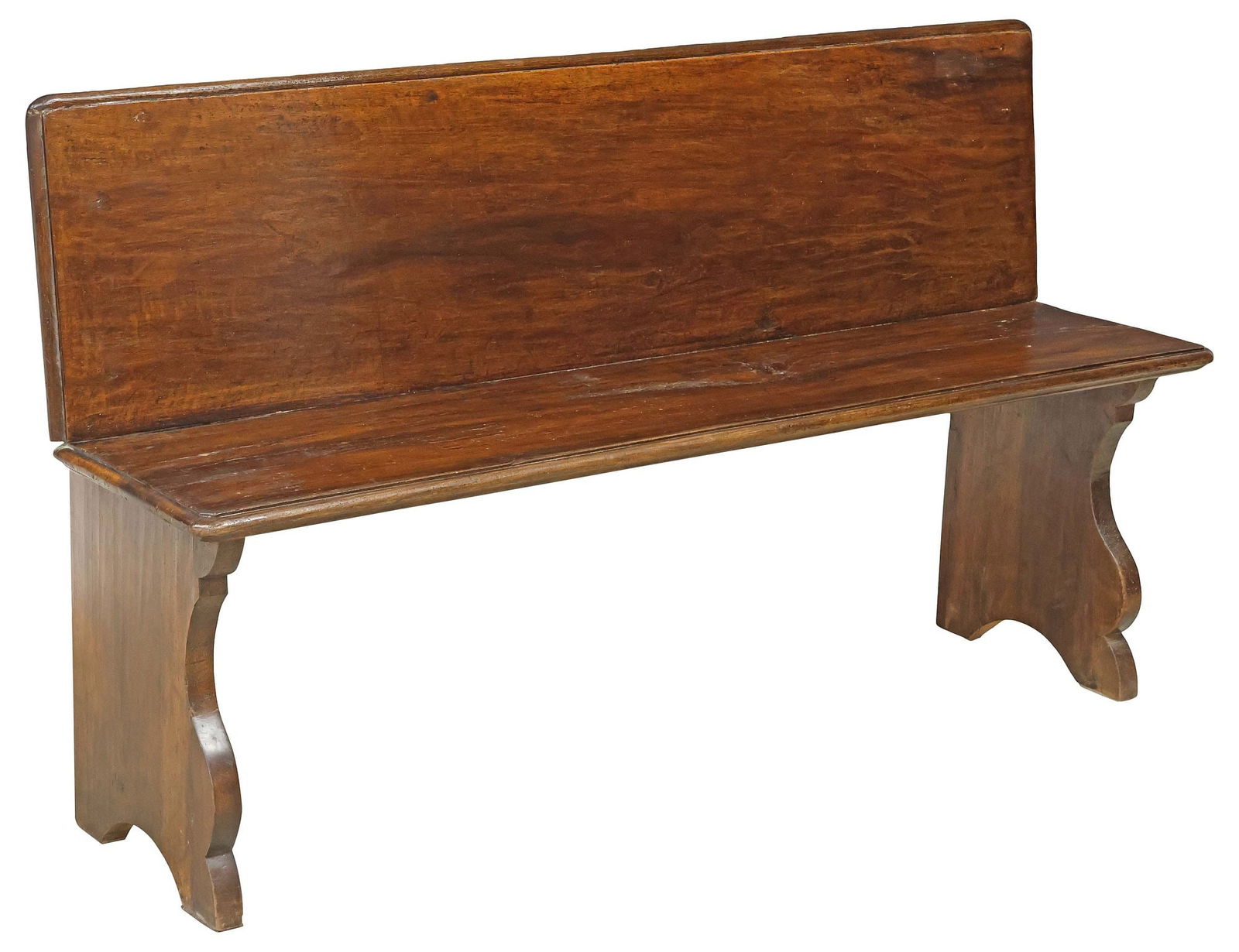 RUSTIC ITALIAN CARVED WOOD BENCH / CHURCH PEW, 19TH C.: Rustic Italian bench/ church pew, 19th c., having long rectangular plank back and seat, with molded edges, on carved scrolling supports, approx 33.5"h, 57.25"w, 17"d, seat height: approx 19"h