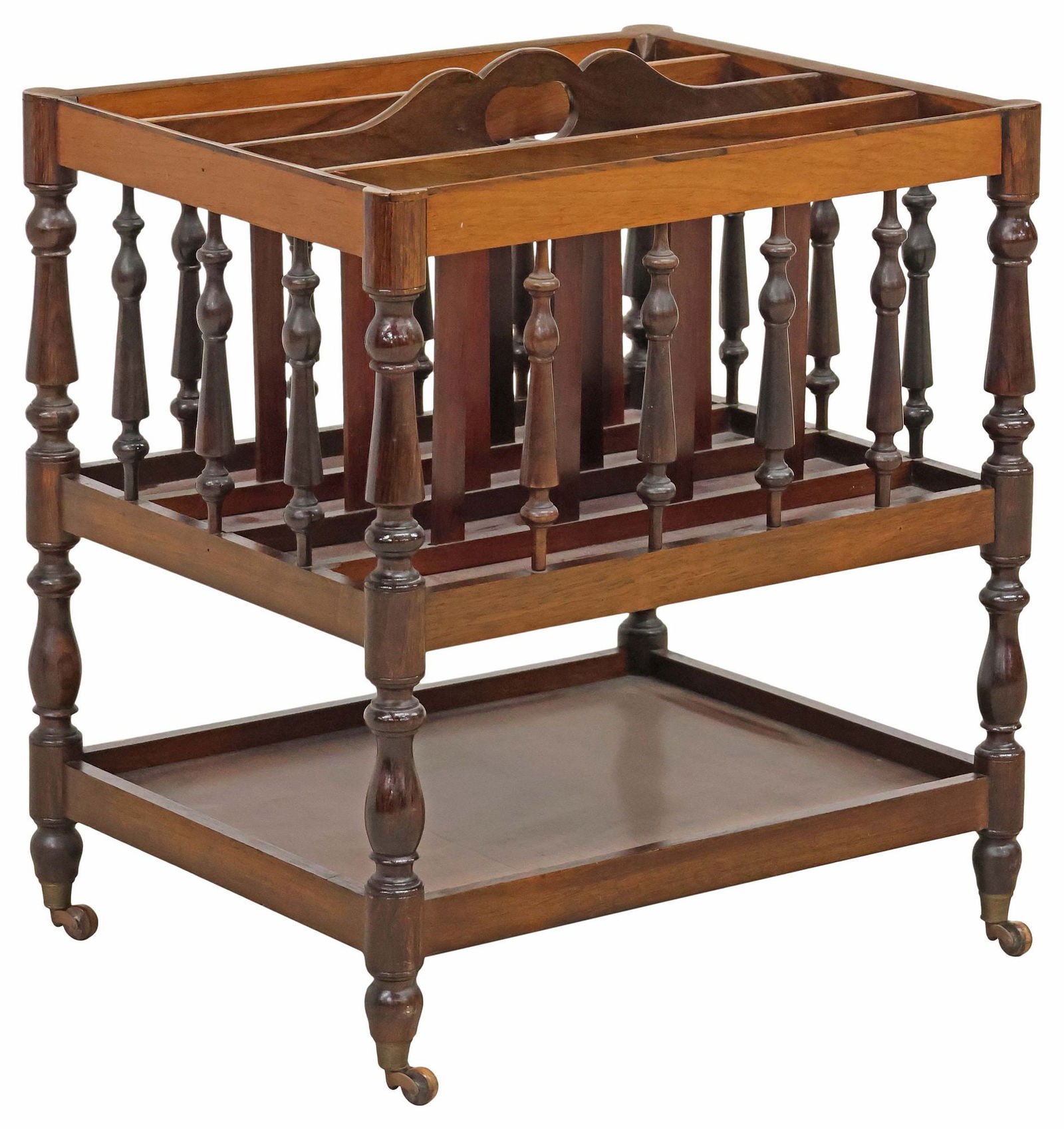 ENGLISH TURNED & SPINDLED WALNUT CANTERBURY / MAGAZINE RACK - 4