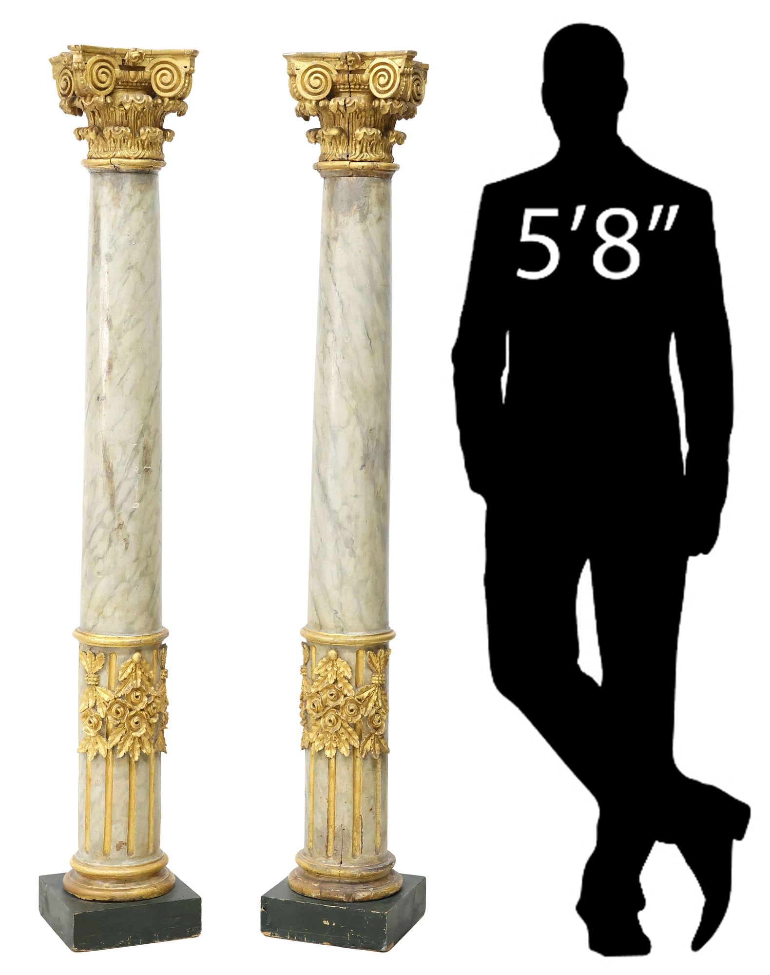 (2) NORTHERN SPAIN PARCEL GILT & MARBLEIZED CORINTHIAN COLUMNS, 64.5"H: (pair) Parcel gilt and marbleized columns, Northern Spain, 19th c., each having Corinthian capitals with giltwood accents, over a green painted central column, ending on an integral square plinth, bac