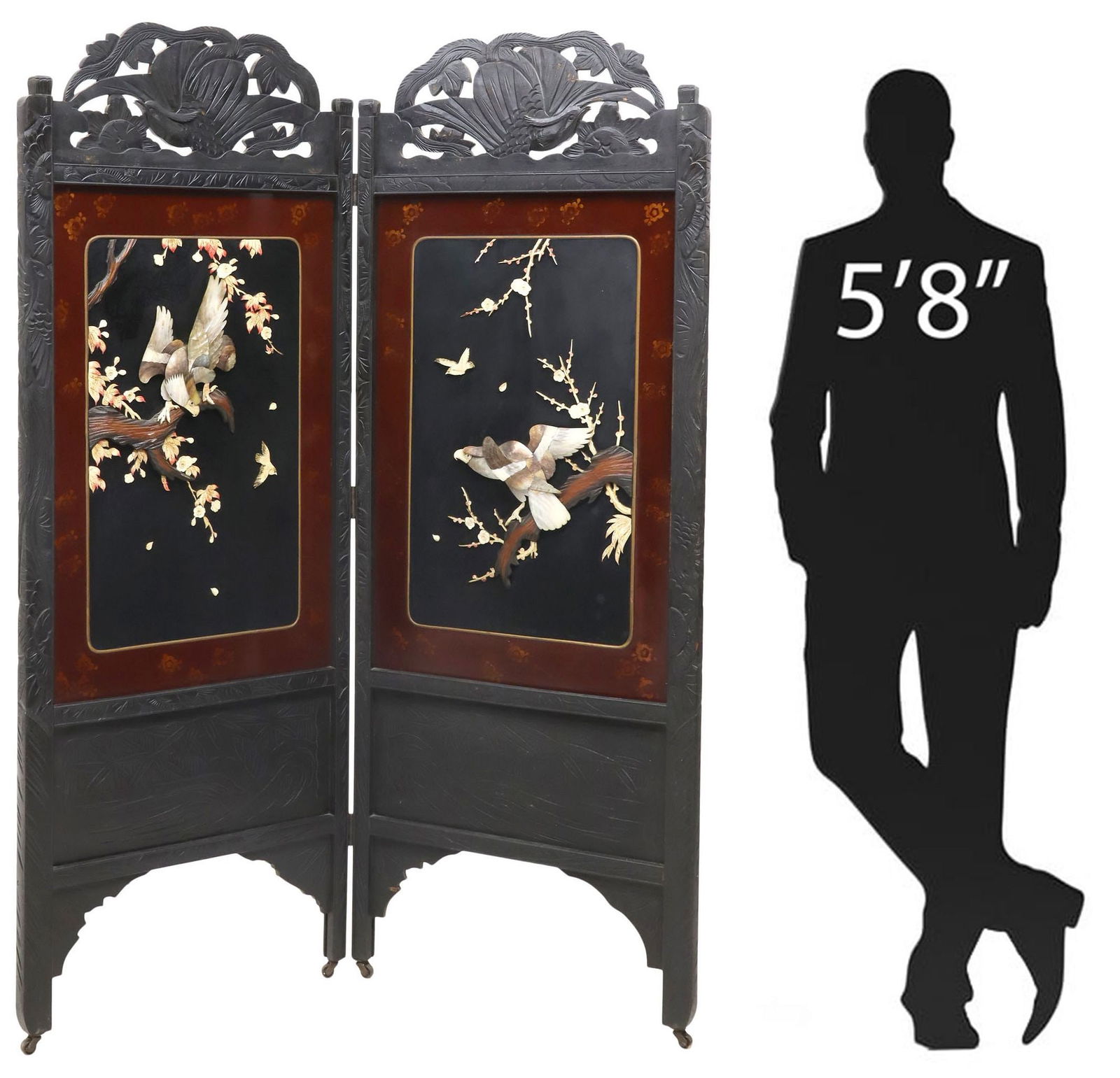 JAPANESE LACQUERED & INLAID EAGLES 2-PANEL FLOOR SCREEN, 71.5"H: Japanese lacquered and inlaid two-panel floor screen, each panel having pierced crest depicting a winged phoenix, above shell and bone-inlaid eagles perched on hardwood branches, reverse with lacquere