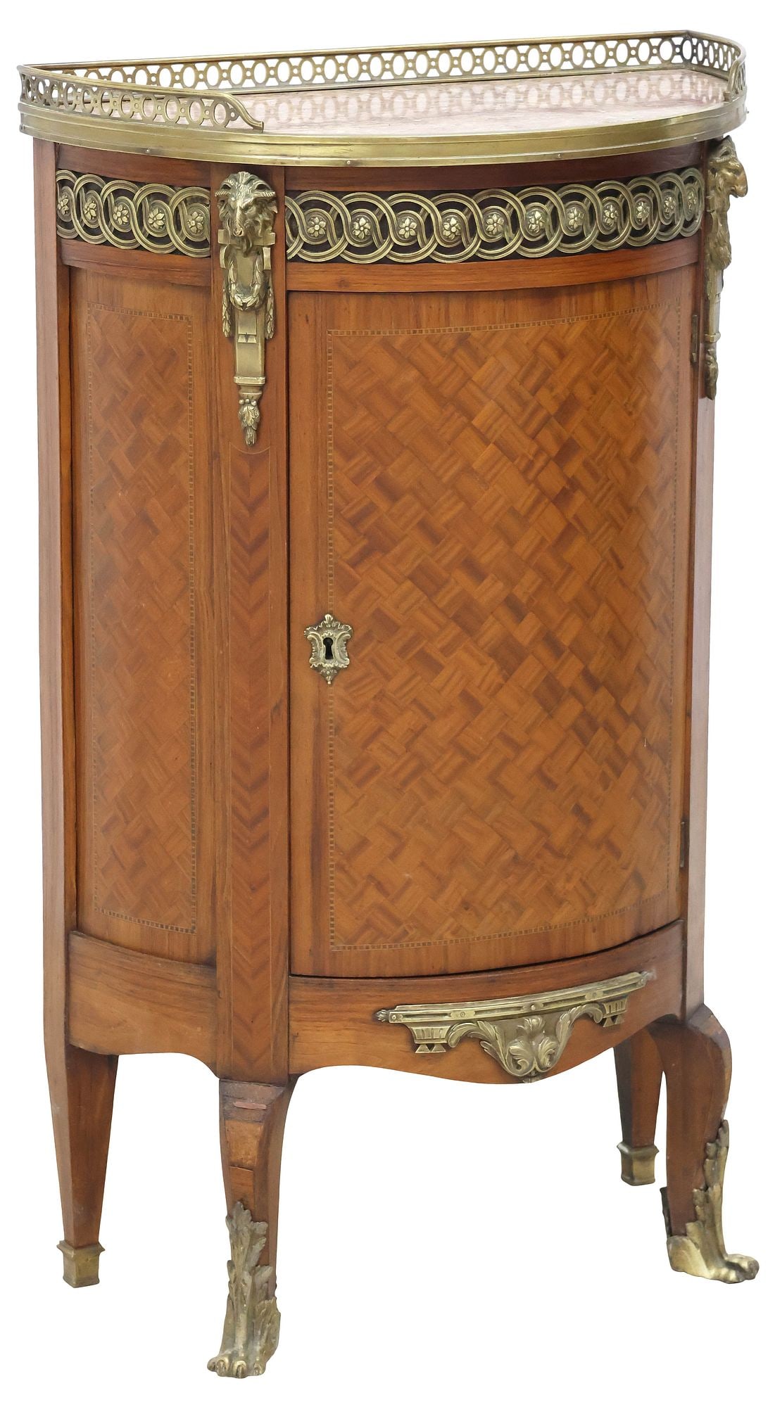 FRENCH TRANSITIONAL STYLE MARBLE-TOP PARQUETRY DEMILUNE CABINET (1 of 5)