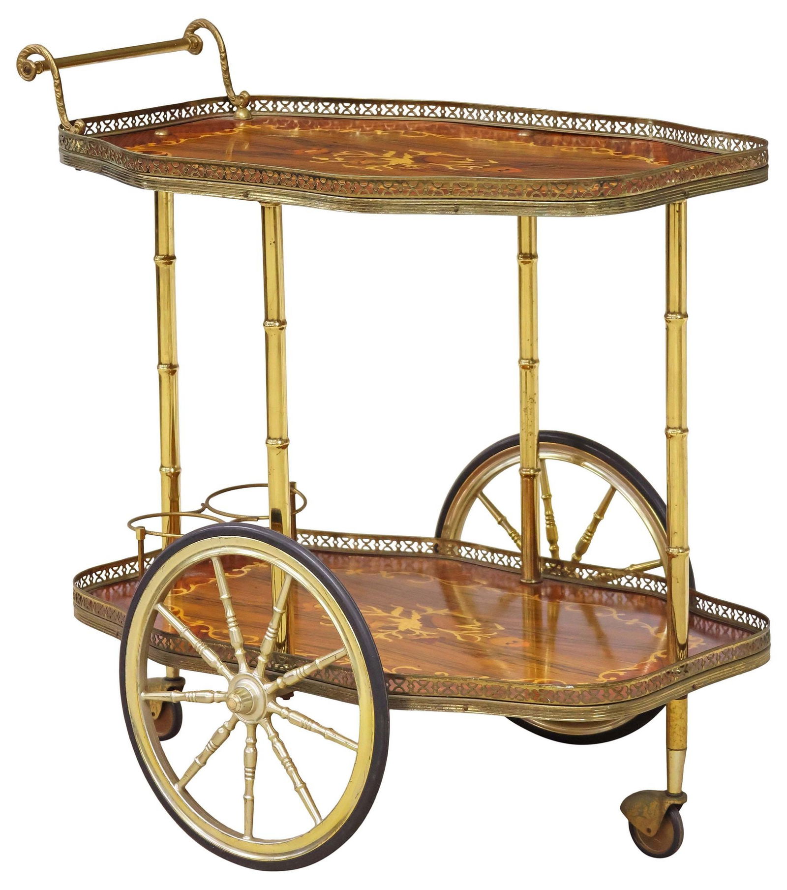 ITALIAN WALNUT & MARQUETRY TWO-TIER SERVICE CART: Italian bar cart/ service trolley, 20th c., two shaped tiers with floral and scrollwork marquetry, pierced gilt-metal galleries, lower tier equipped with two-ring bottle rack, on large spoked wheels,