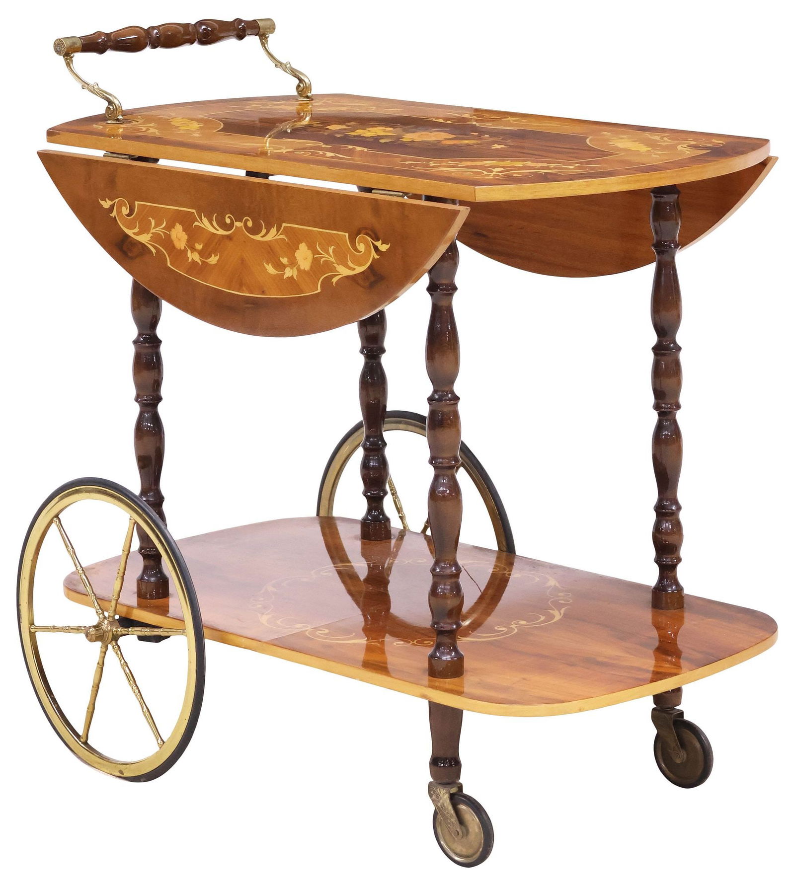 ITALIAN DROP-LEAF FLORAL MARQUETRY TEA TROLLEY / SERVICE CART (1 of 6)