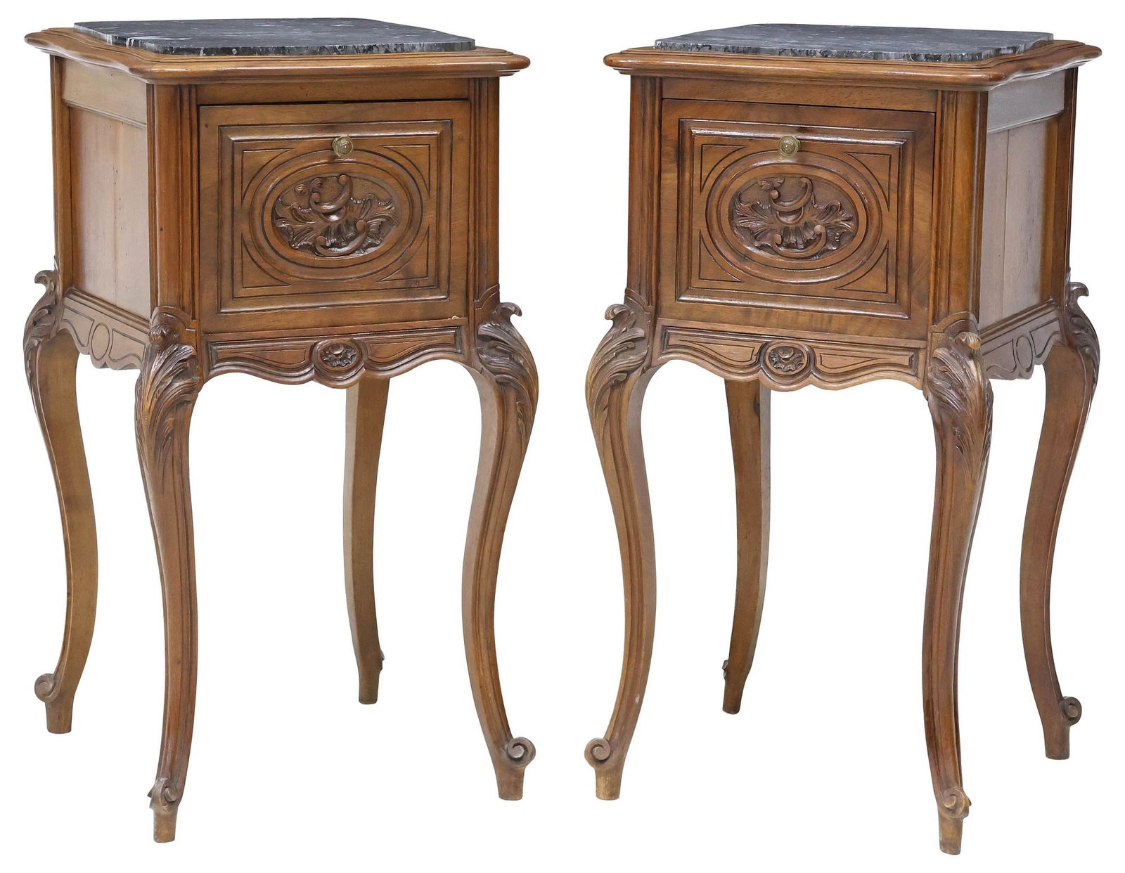 (2) FRENCH LOUIS XV STYLE MARBLE-TOP CARVED WALNUT NIGHTSTANDS (1 of 6)