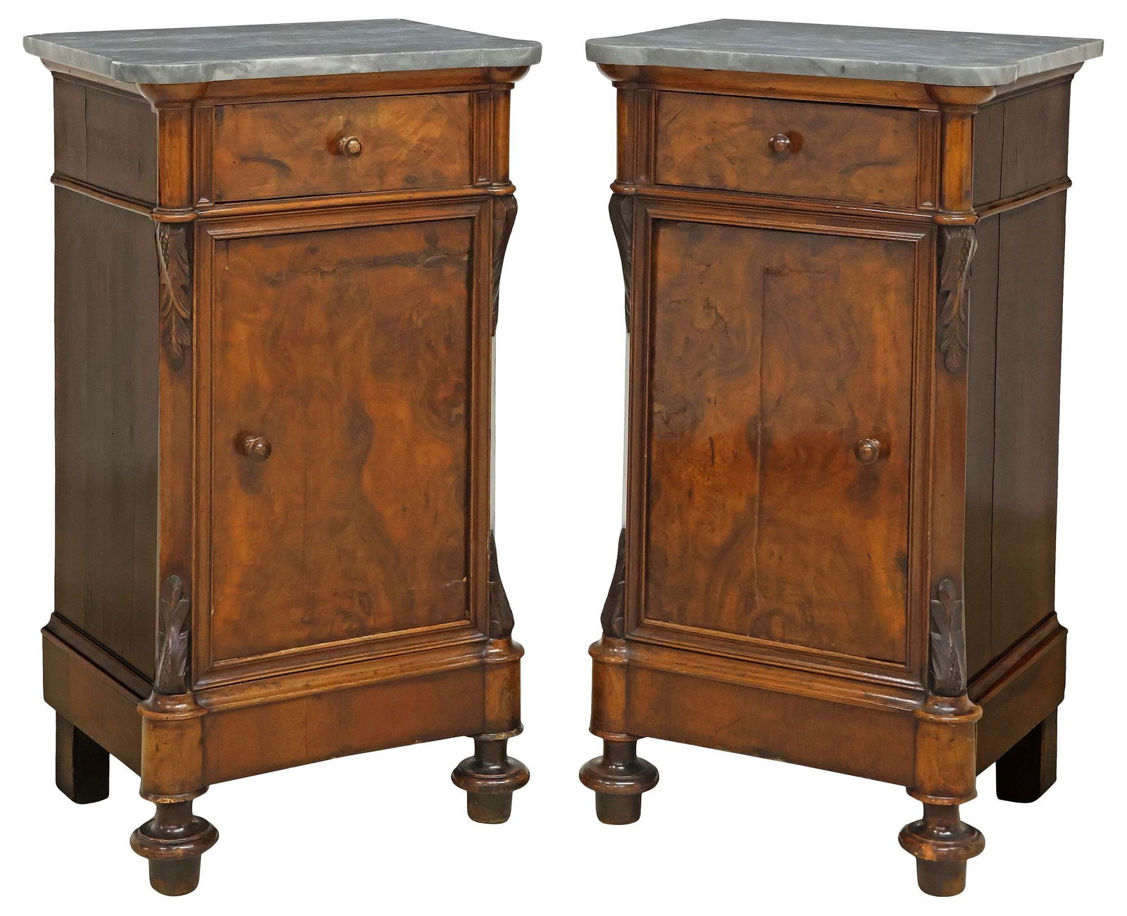 (2) ITALIAN MARBLE-TOP BURLED WALNUT BEDSIDE CABINETS (1 of 6)