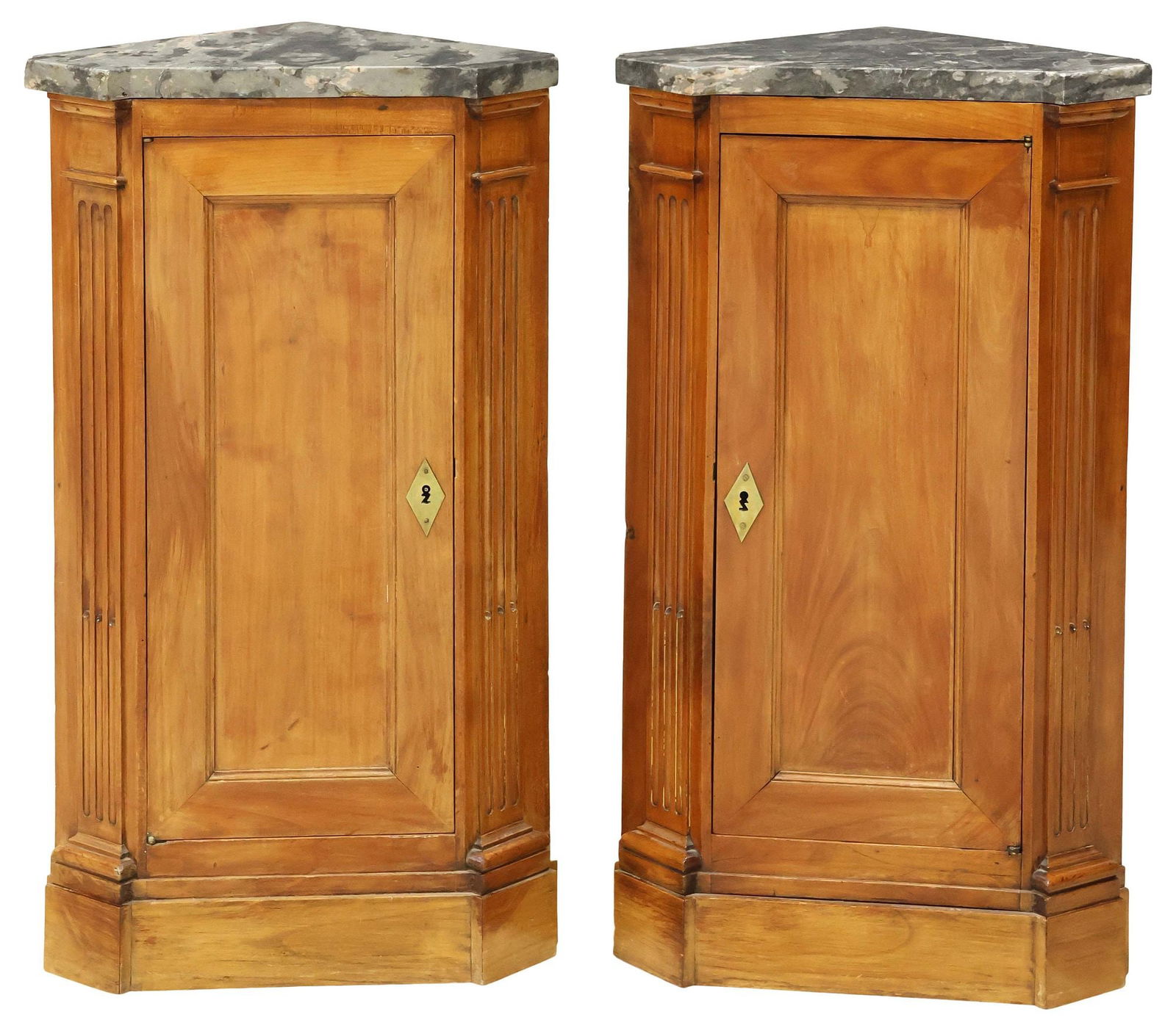 (2) ITALIAN MARBLE-TOP WALNUT CORNER BEDSIDE CABINETS / NIGHTSTANDS (1 of 4)