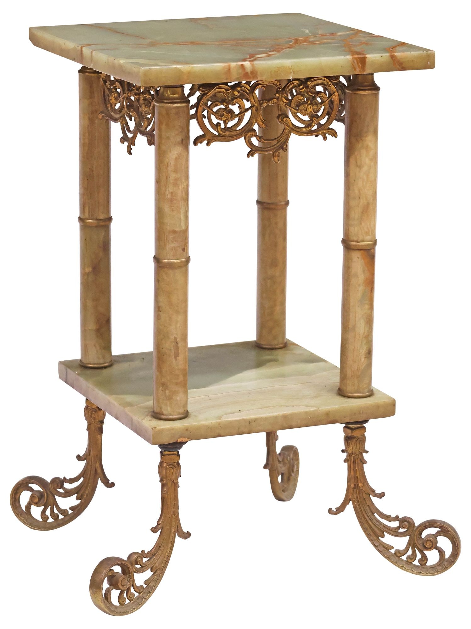 FRENCH GREEN ONYX & GILT-METAL PEDESTAL SIDE TABLE: French green onyx side table, 20th c., having square top, raised on columnar supports, ending on medial shelf, rising on gilt-metal scroll feet, onyx top intact with restoration, approx 25"h, 18.5"w,