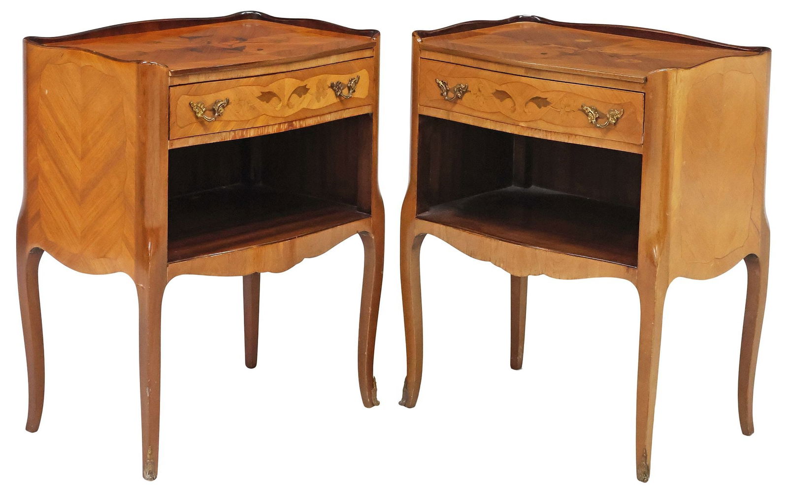 (2) LOUIS XV STYLE MARQUETRY INLAID MATCHED VENEER NIGHTSTANDS (1 of 5)