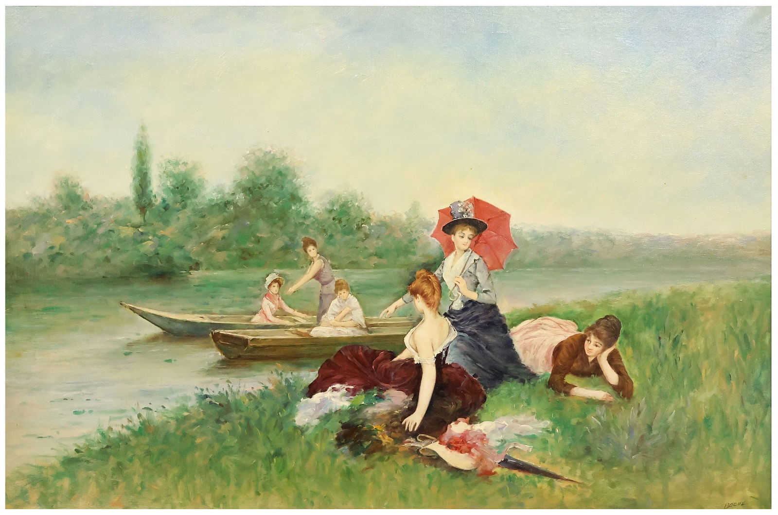 AFTER FRANCISCO MIRALLES I GALAUP (1848-1901) OIL PAINTING, BOATING PARTY: Framed oil on canvas painting, Bourgeois Maidens in a River Landscape, after Francisco Miralles I Galaup (Spanish, 1848-1901), signed lower right Doche (20th c.), sight: approx 23.5"h, 35.5"w, overall