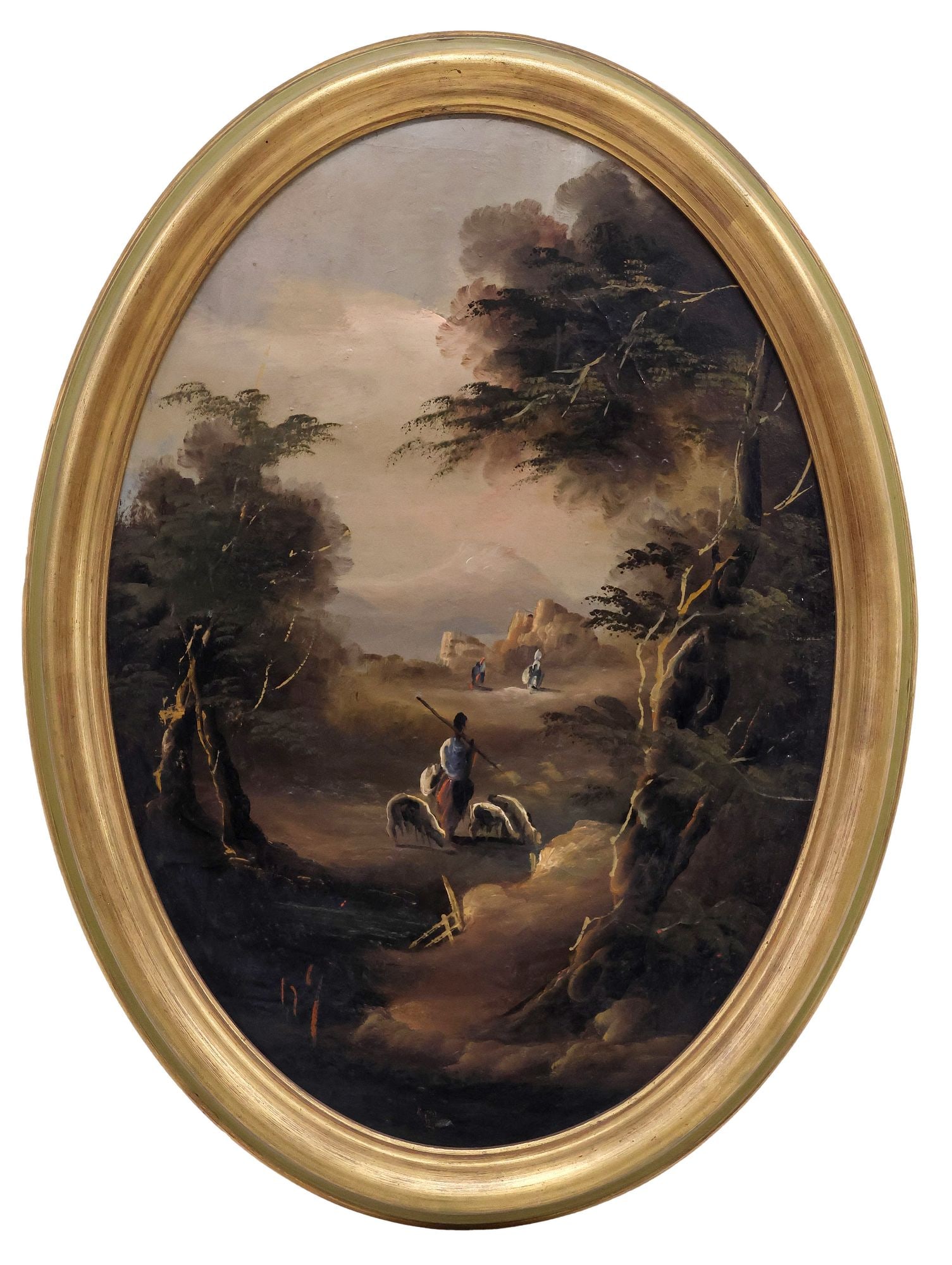 GILDO MELLONI (ATTRIB.) PAINTING, ITALIAN LANDSCAPE WITH SHEPHERDS: Framed oil on canvas painting, Provincial Landscape with Shepherds, attributed to Gildo Melloni (Italian, 19th c.), retaining Arte Antica e Moderna gallery label verso, canvas relined, sight: approx 2