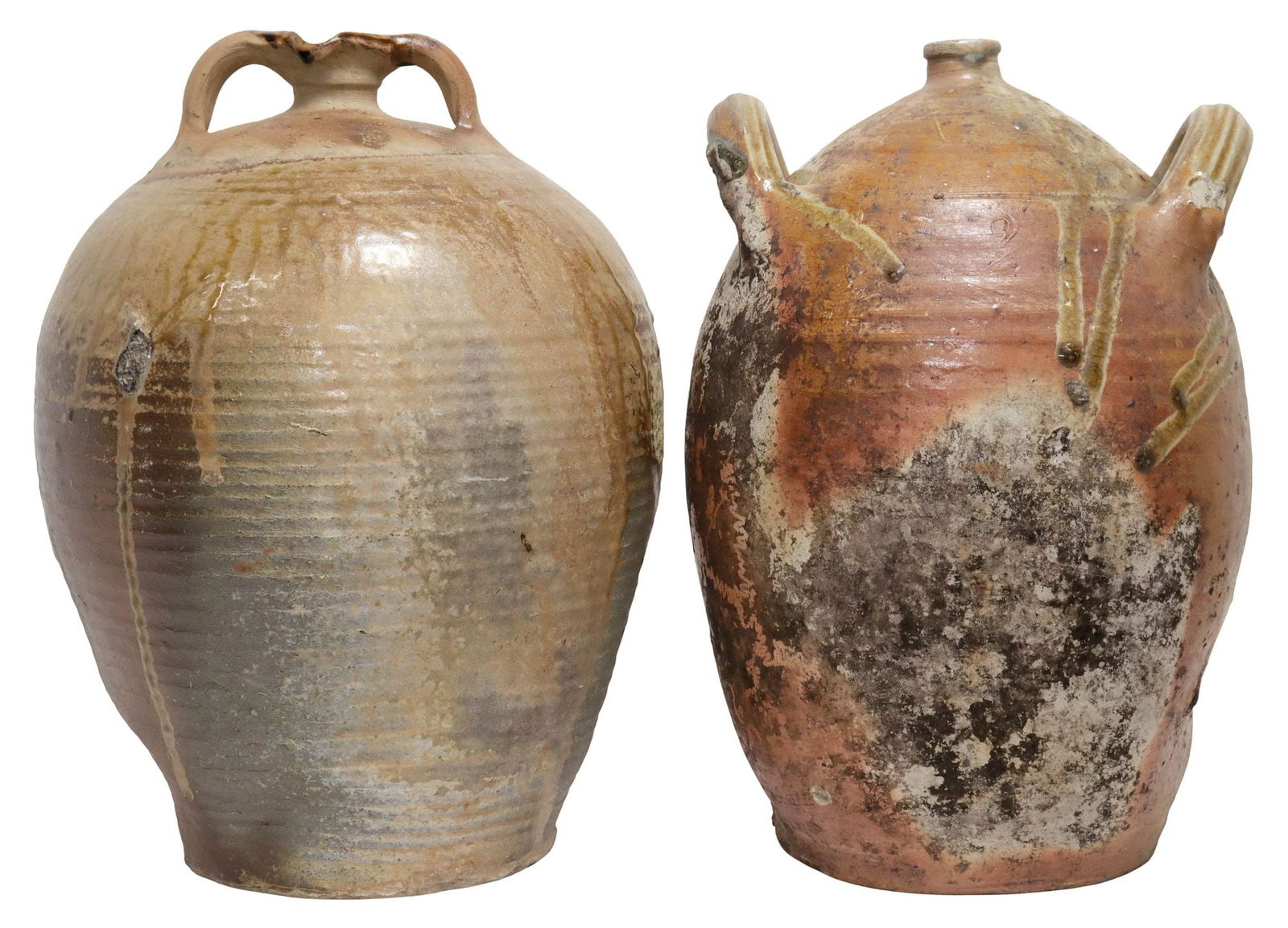 (2) LARGE FRENCH PROVINCIAL STONEWARE OIL JUG & PITCHER (1 of 3)