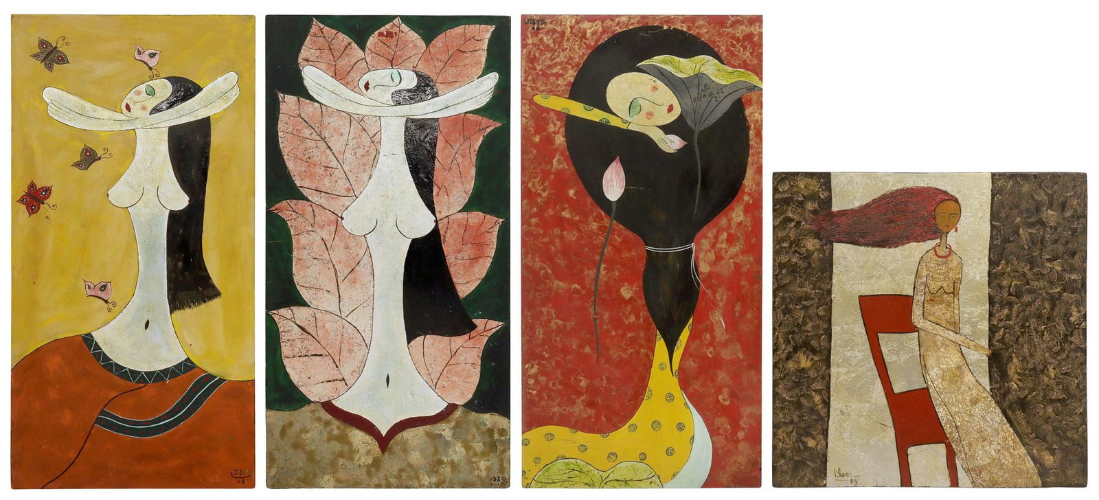 (4) VIETNAMESE SON MAI LACQUER PAINTINGS, FEMALE PORTRAITS, 3 SIGNED DUONG: (lot of 4) Vietnamese lacquer paintings (son mai) on wood panel, all with gilt foil embellishments, including: (3) signed Duong (Vietnamese, 20th c.), (one) Female Nude with Butterflies, dated [20]06,