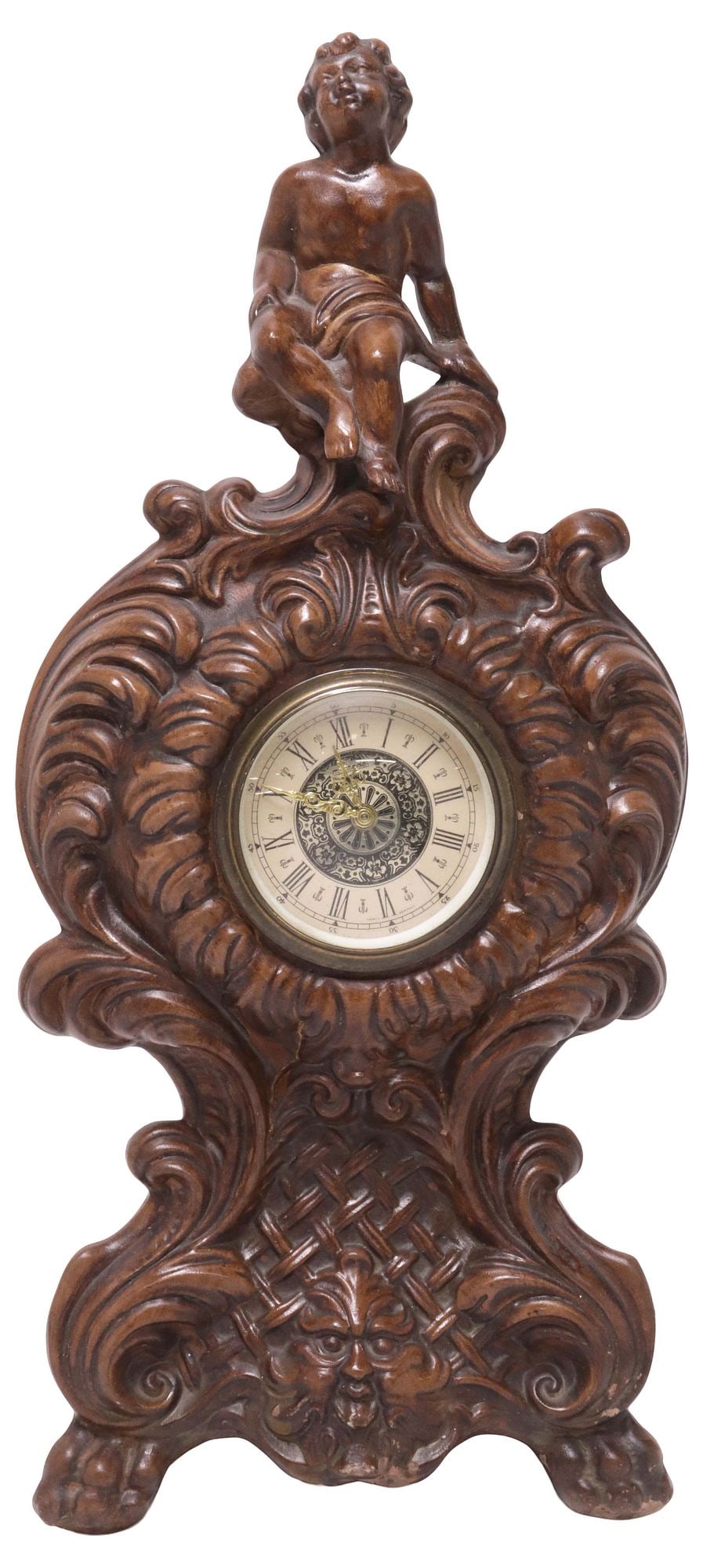 ITALIAN RENAISSANCE STYLE CAST CERAMIC CHERUB MANTEL CLOCK (1 of 7)