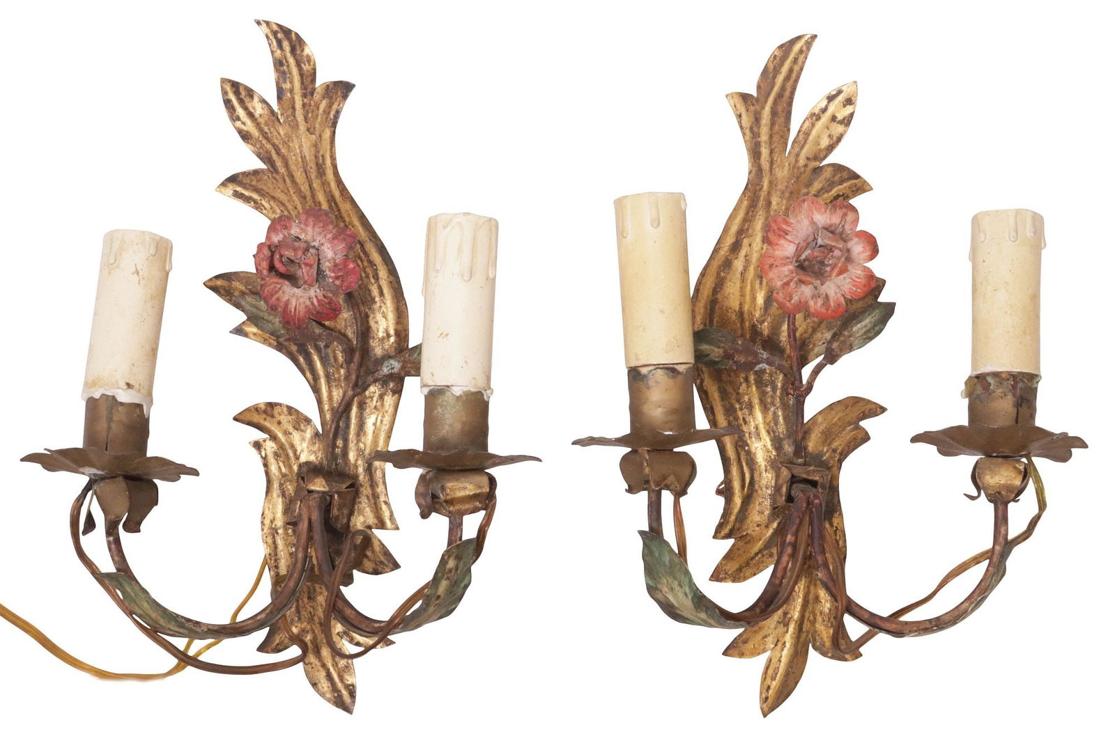 (2) ITALIAN PAINT-DECORATED & PARCEL-GILT FLORAL 2-LIGHT WALL SCONCES (1 of 3)