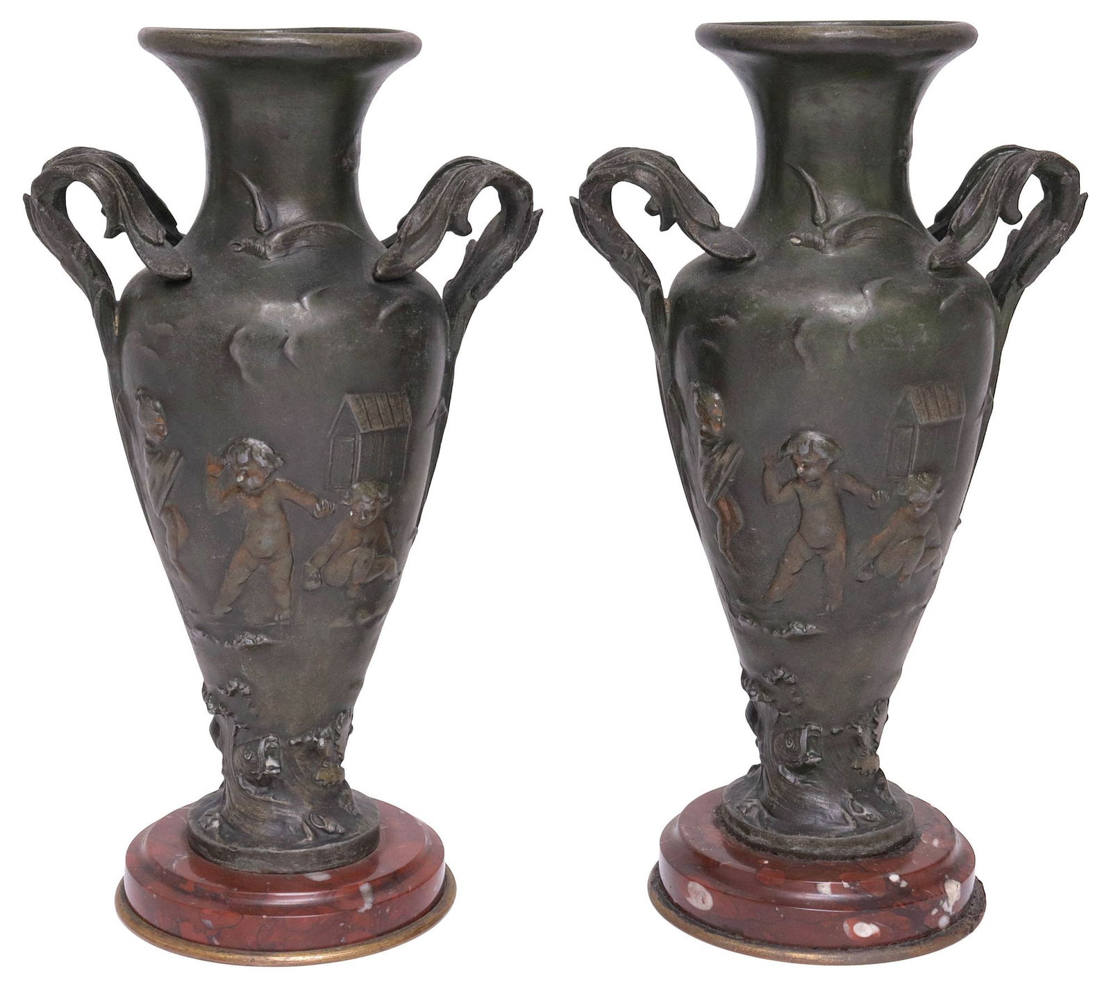 (2) ITALIAN ART NOUVEAU PATINATED METAL GARNITURE VASES: (pair) Italian Art Nouveau patinated metal garniture vases, early 20th c., dual foliated handles, body with figural children playing in water, signed Em. e. Rey, rising on integral circular marble