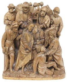 LARGE FLEMISH CARVED WOOD RELIGIOUS RELIEF PANEL, KISS OF JUDAS, 15TH / 16TH C.