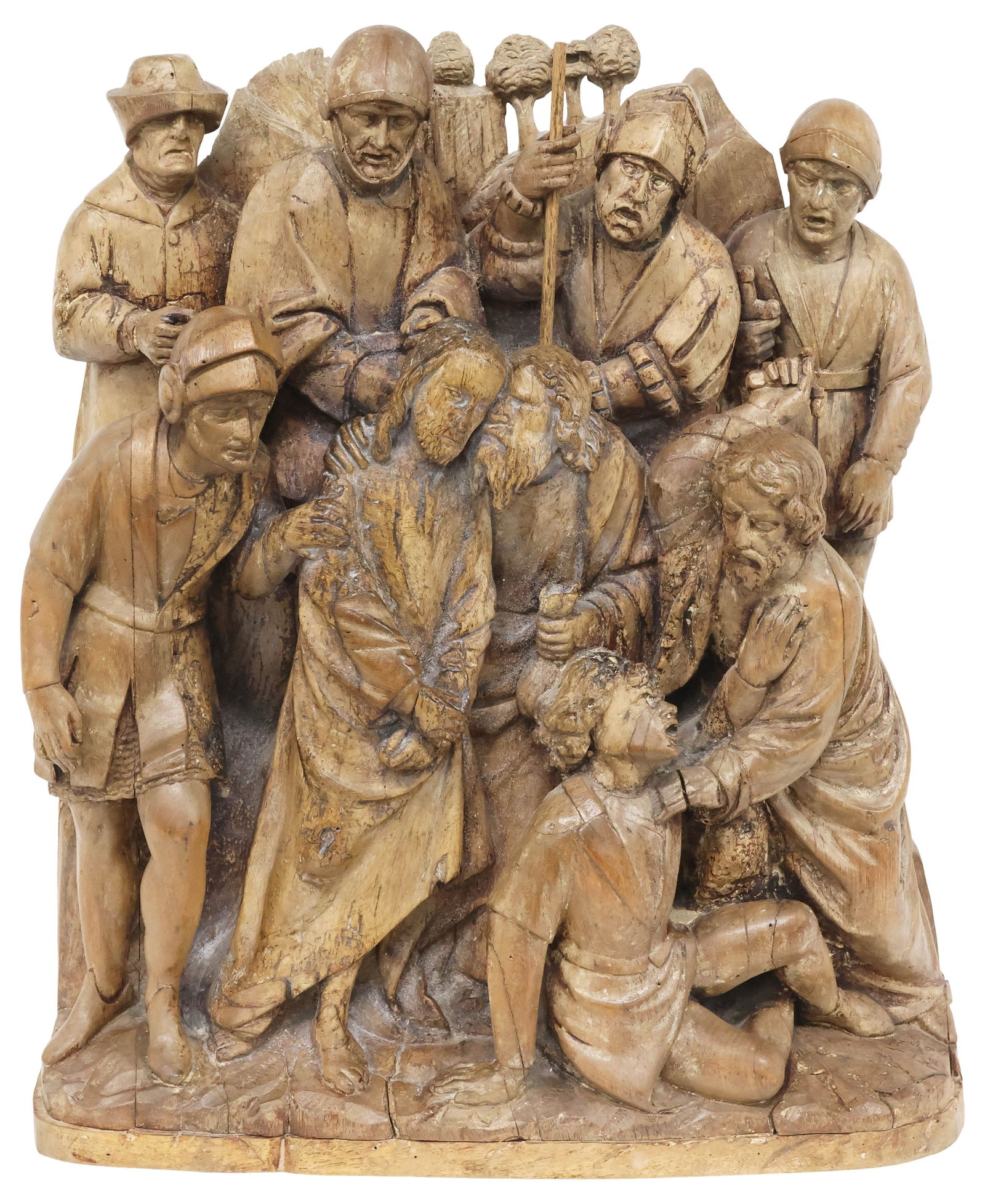 LARGE FLEMISH CARVED WOOD RELIGIOUS RELIEF PANEL, KISS OF JUDAS, 15TH / 16TH C.: Large Flemish carved wood relief sculpture, The Kiss of Judas, late 15th/ early 16th c., depicting the biblical betrayal scene in which Christ is identified to the authorities in the Garden of Gethsem