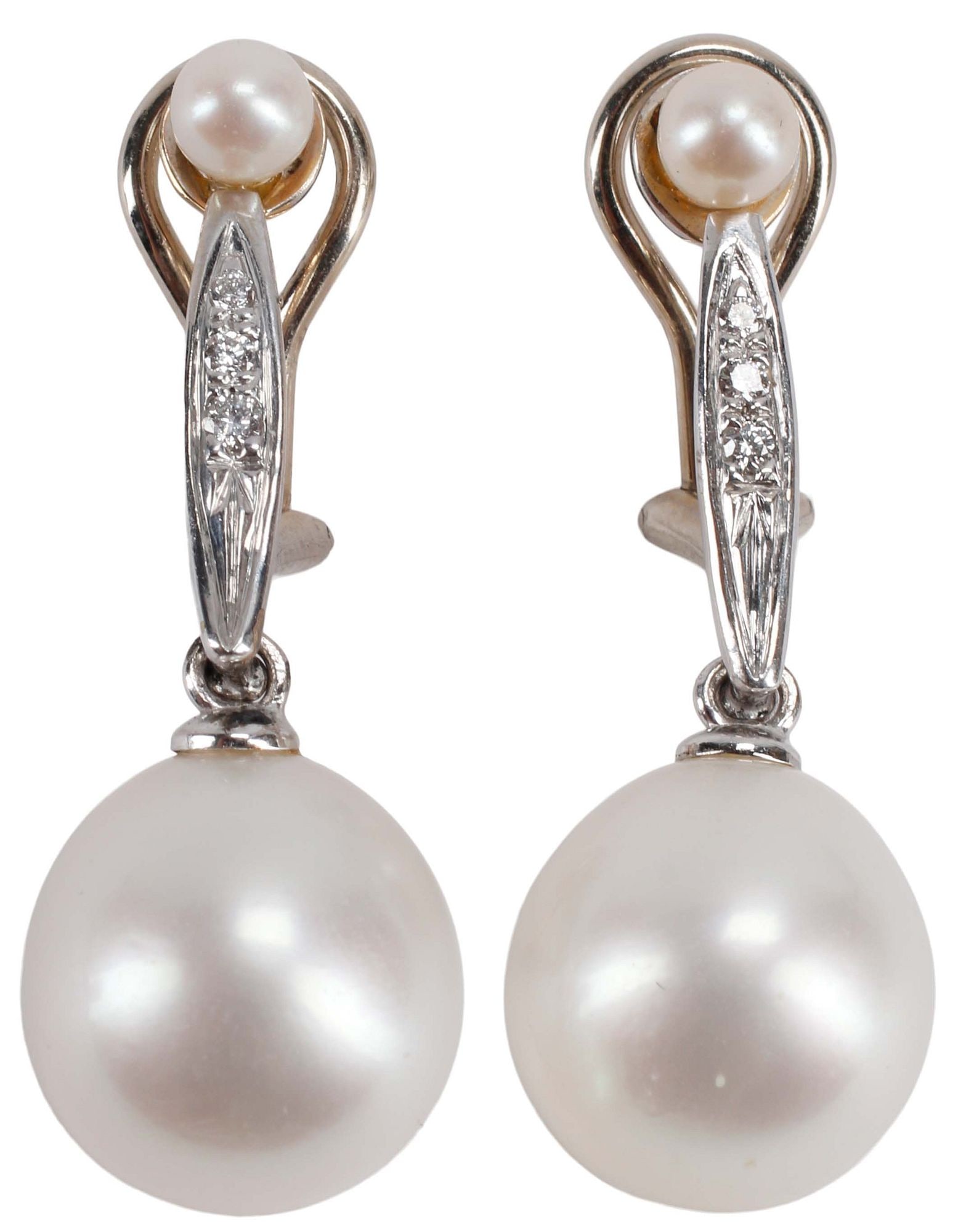 ESTATE 14KT WHITE GOLD, PEARL & DIAMOND CLIP-ON DROP EARRINGS (1 of 3)