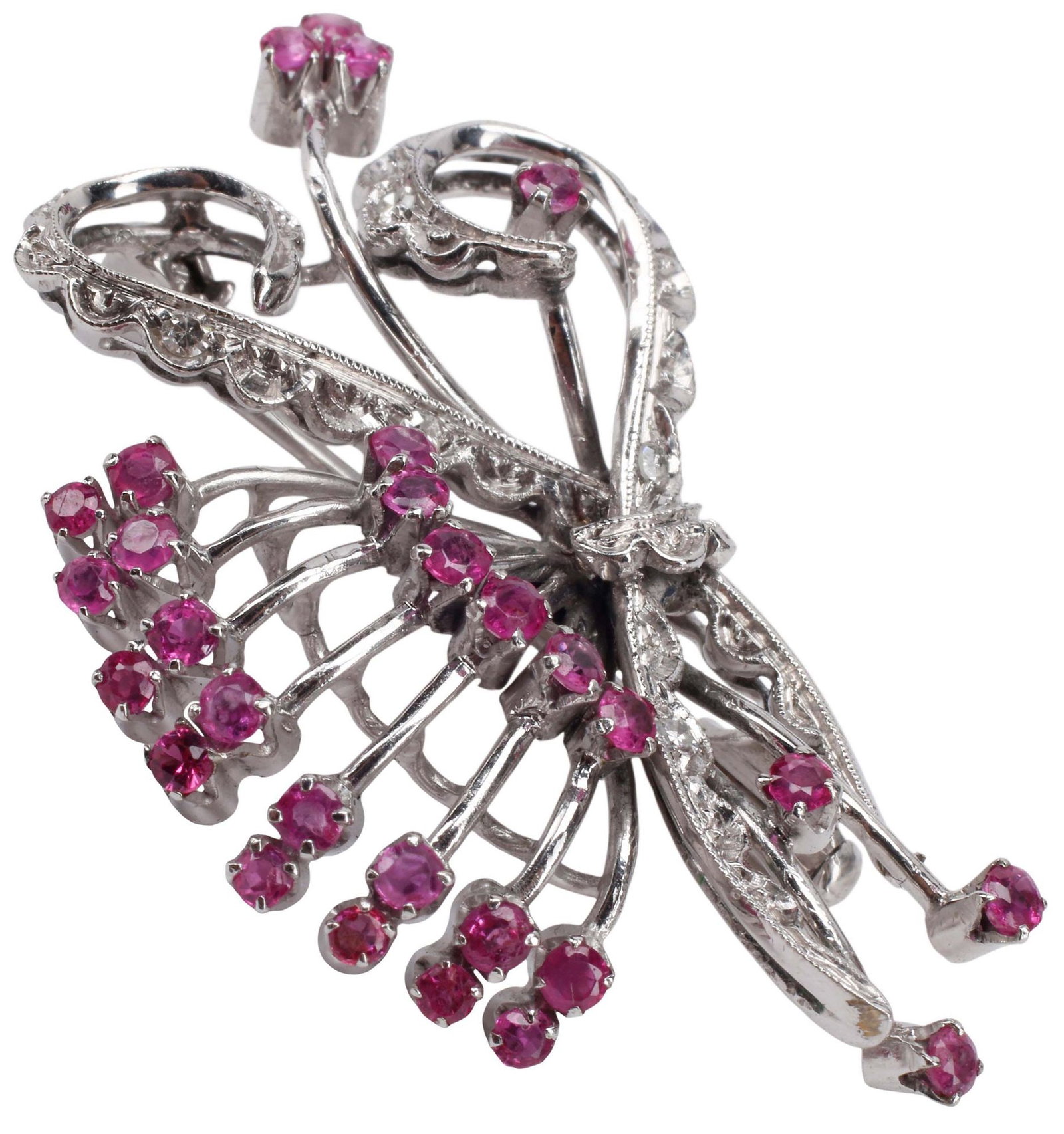 ESTATE 18KT WHITE GOLD, DIAMOND & RUBY BROOCH (1 of 5)