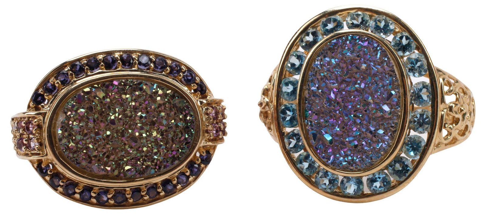 (2) ESTATE YELLOW GOLD, DRUZY STONE & GEMSTONE COCKTAIL RINGS: (lot of 2) Estate yellow gold cocktail rings, each with druzy stone plaque, accented with semi-precious stones, marked China with initials HN? in oval at interior, including: (1) 14kt gold ring, frame