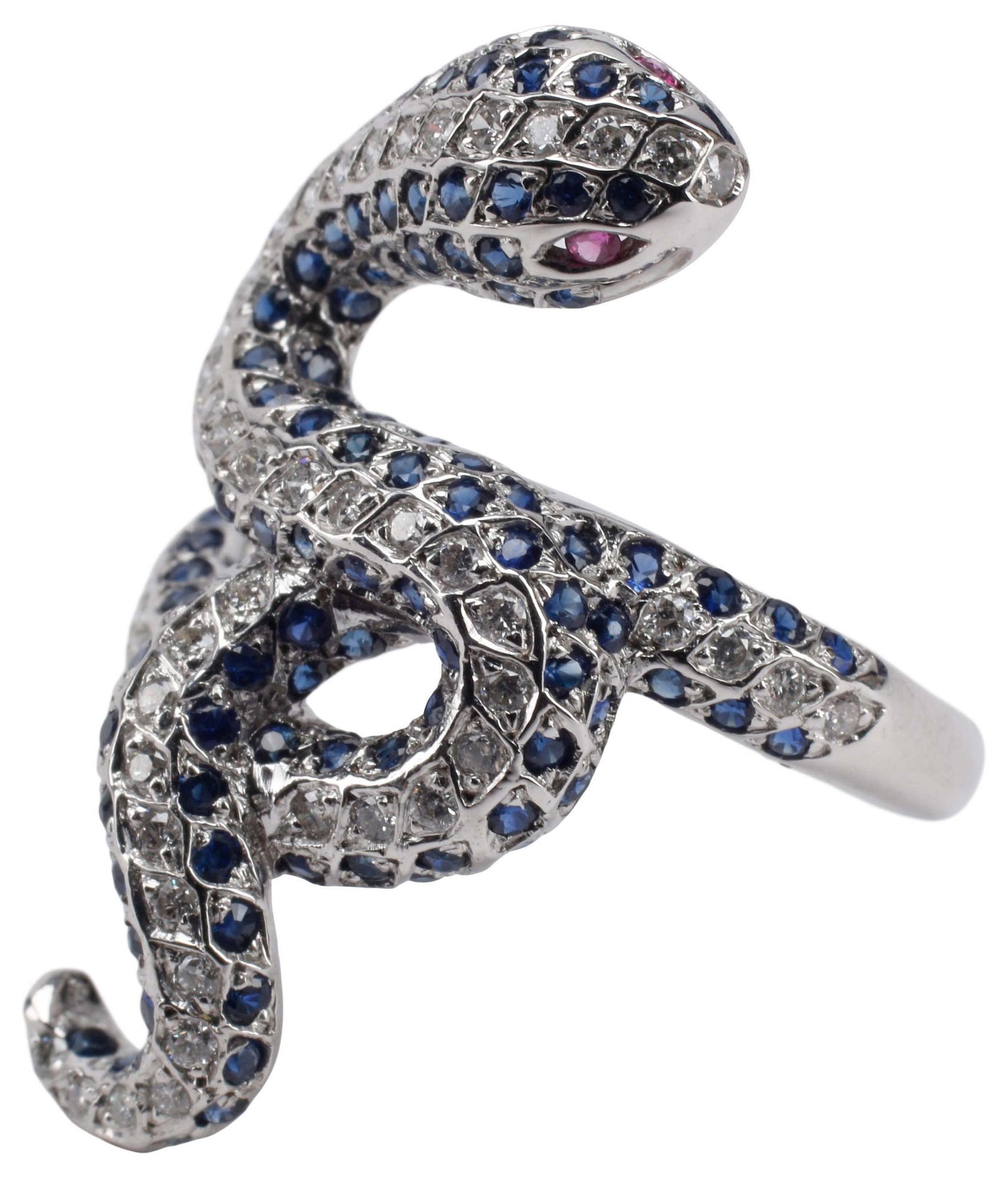ESTATE 14KT WHITE GOLD, SAPPHIRE & DIAMOND SNAKE / SERPENT RING: Estate 14kt white gold (tested) and sapphire snake ring, plaque in the form of a twisted serpent, set with (forty-nine) small round diamonds, approx 0.35cttw, average color: H-I, average clarity: SI, 