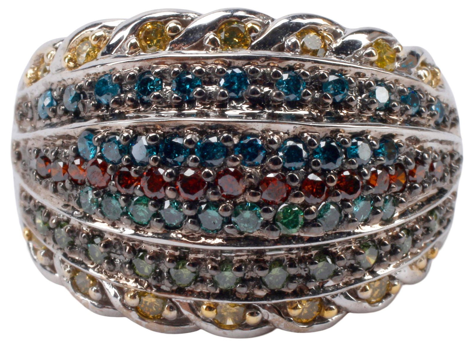 ESTATE 14KT WHITE GOLD & MULTICOLOR DIAMOND COCKTAIL RING: Estate 14kt white gold (tested) and multicolor diamond cocktail ring, pave-set with graduated bands of colored round-cut diamonds, including yellow, green, red, and blue, approx 1.00cttw, on tapering 