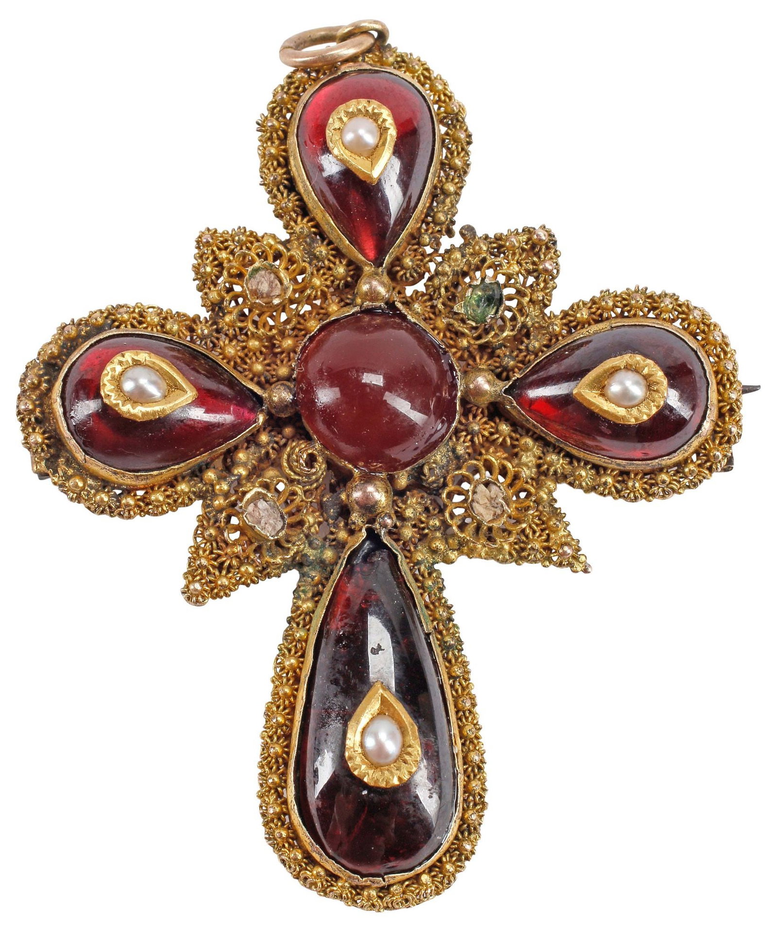 ESTATE ANTIQUE RED CABOCHON & FILIGREE CROSS-FORM PENDANT (1 of 3)