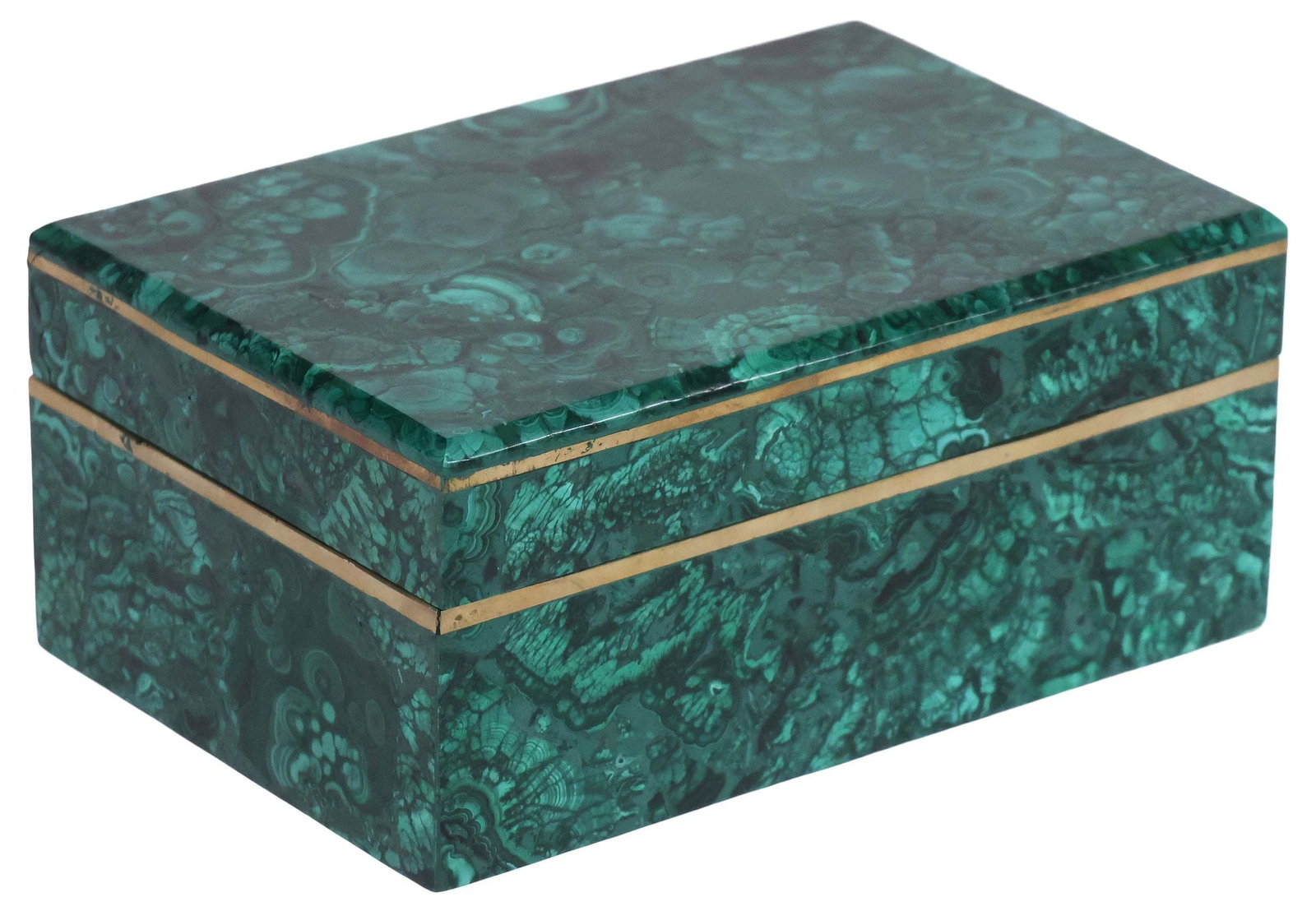 MALACHITE TABLE BOX WITH GILT-METAL TRIM: Malachite table box and cover, lined with gilt-metal trim, approx 3.75"h, 7"w, 5"d, 3.75lbs **Provenance: Treasures from the vaults of a Dallas designer**