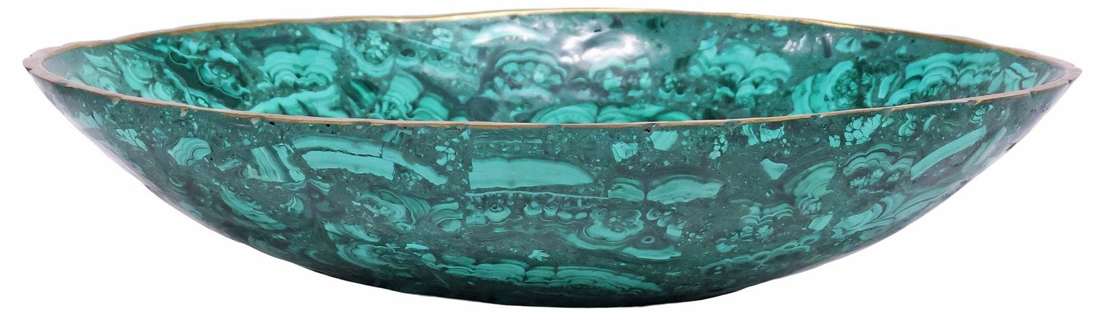 LARGE BRASS-MOUNTED OVULAR MALACHITE CENTERPIECE BOWL: Large brass-mounted malachite centerpiece bowl, of ovular form, with scalloped trim, approx 3"h, 14.75"w, 10 7/8"d, 4.25lbs **Provenance: Treasures from the vaults of a Dallas designer**