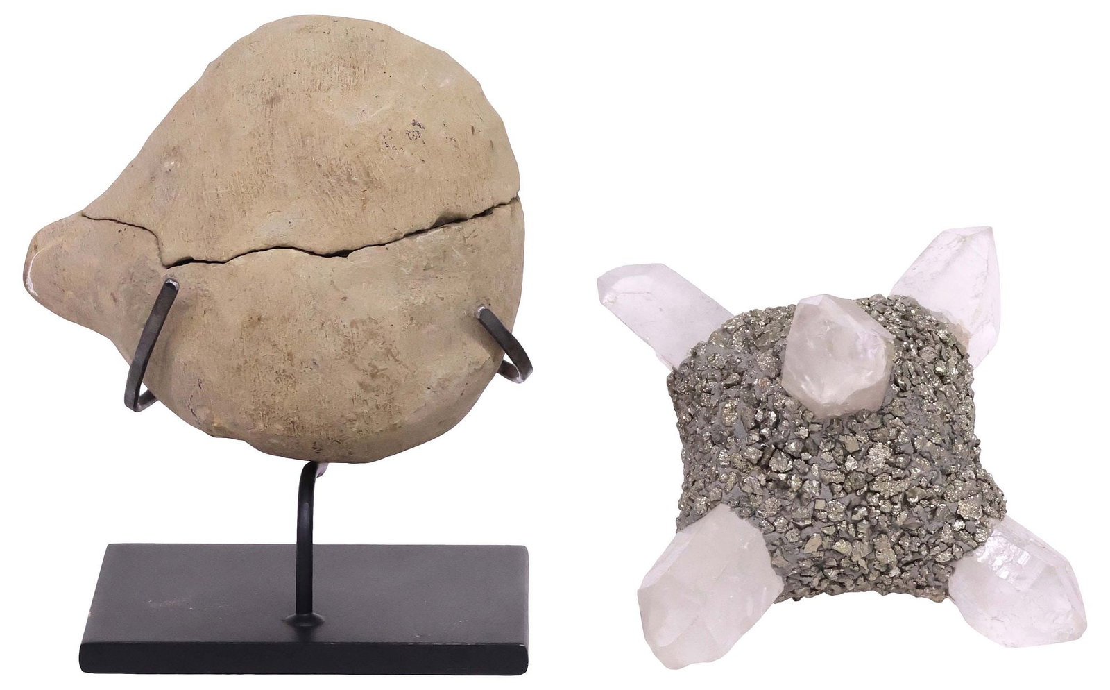 (2) GEOLOGICAL DECOR, GASTROPOD FOSSIL ON STAND & PYRITE ROCK CRYSTAL SCULPTURE: (lot of 2) Decorative geological table articles, including: (1) fossil gastropod specimen, encased in split rock formation, on custom black steel display stand, specimen: approx 6.25"h, 5"w, 4"d,