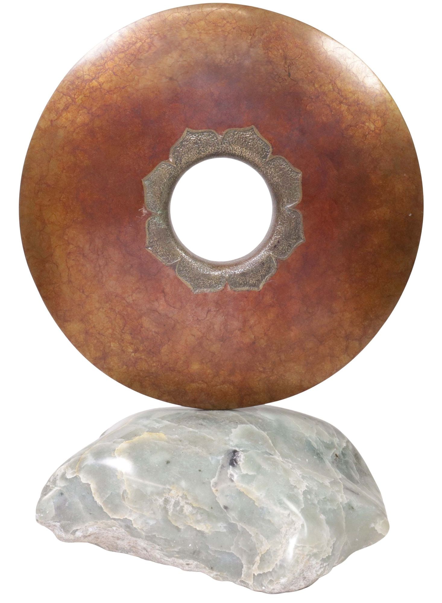 JOHN MOWEN (D.2014) ABSTRACT SCULPTURE, BRONZE DISC ON STONE BASE, 24.5"H (1 of 6)