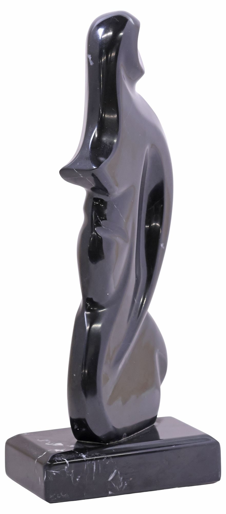 MANNER OF MASATOYO 'KUKI' KISHI (D.2017) MARBLE SCULPTURE, ABSTRACT WOMAN: Carved black marble sculpture, Abstract Female Form, in the manner of Masatoyo "Kuki" Kishi (Japanese/ American, 1924-2017), unsigned, on integral rectangular plinth, overall: approx 12"h, 5"w,