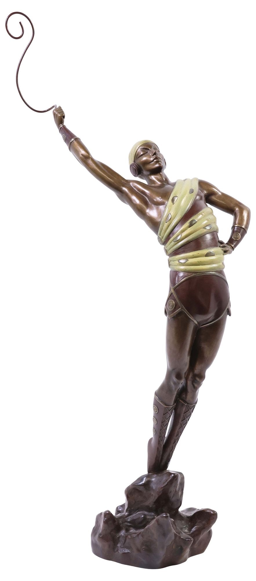 ERTE (1892-1990) LIMITED-EDITION ART DECO STYLE BRONZE FIGURE, 'LE DANSEUR': Limited-edition Art Deco style cold-painted bronze sculpture, "Le Danseur (The Dancer)," signed in cast Erte (Romain de Tirtoff, Russian, French, 1892-1990), numbered 87/ 250, dated 1980 with RKP