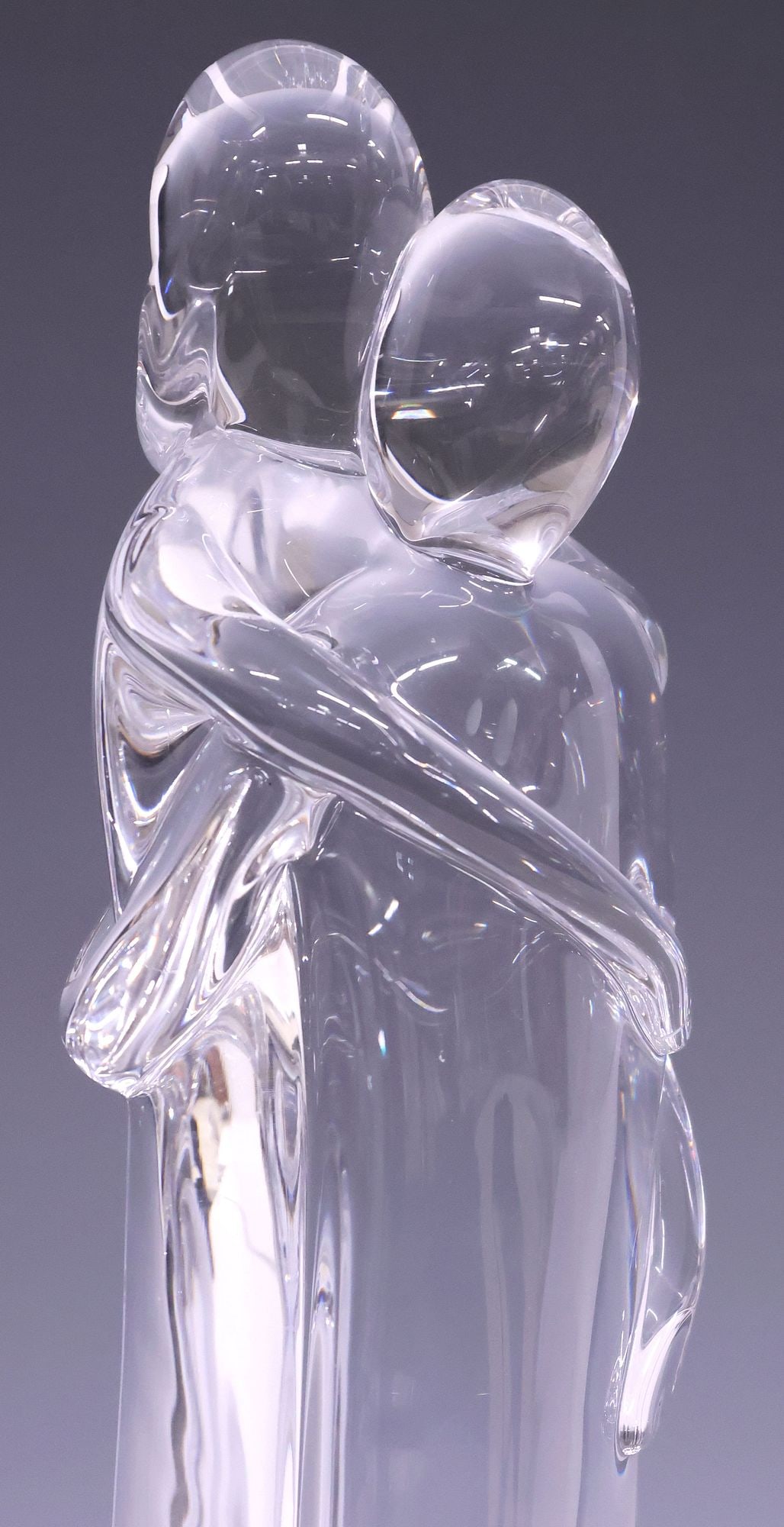 EROS RAFFAEL (ITALIAN, B.1970) ART GLASS SCULPTURE, THE EMBRACE, 22.5"H: Art glass figural sculpture, Couple's Embrace, signed underfoot Eros Raffael (Italian, b.1970), approx 22.5"h, 5.75"w, 3.75"d, 23.5lbs