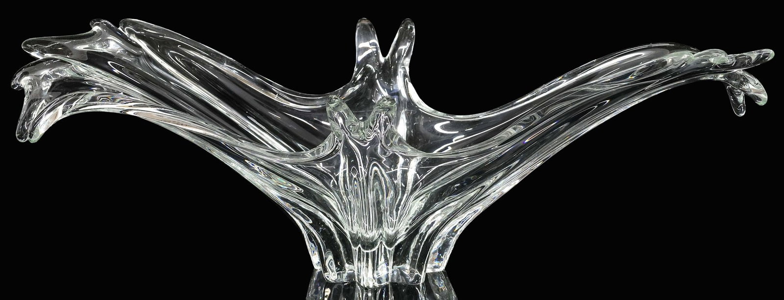 ITALIAN S. PUCCINI MURANO ART GLASS CENTERPIECE BOWL: Murano art glass centerpiece bowl, Veteria S. Puccini di Murano, 20th c., sculptural splayed basin tapering at base, marked S. Puccini (Italian, 20th c.) underfoot, approx 7.25"h, 22.5"w, 10"d, 7.25lb