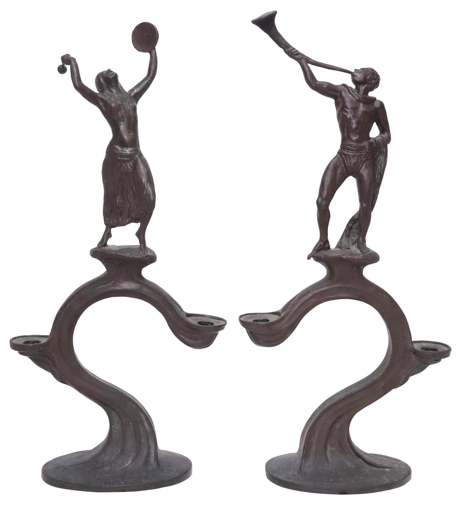 (2) BENNO ELKAN (D. 1960) PATINATED BRONZE FIGURAL MUSICIANS 2-LT CANDELABRAS: (lot of 2) Large patinated bronze two-light candelabras, Musical Figures, initialed in cast BE (Benno Elkan, German, 1877-1960), slightly varied sizes, largest: approx 23"h, 10"w, 4.5"d