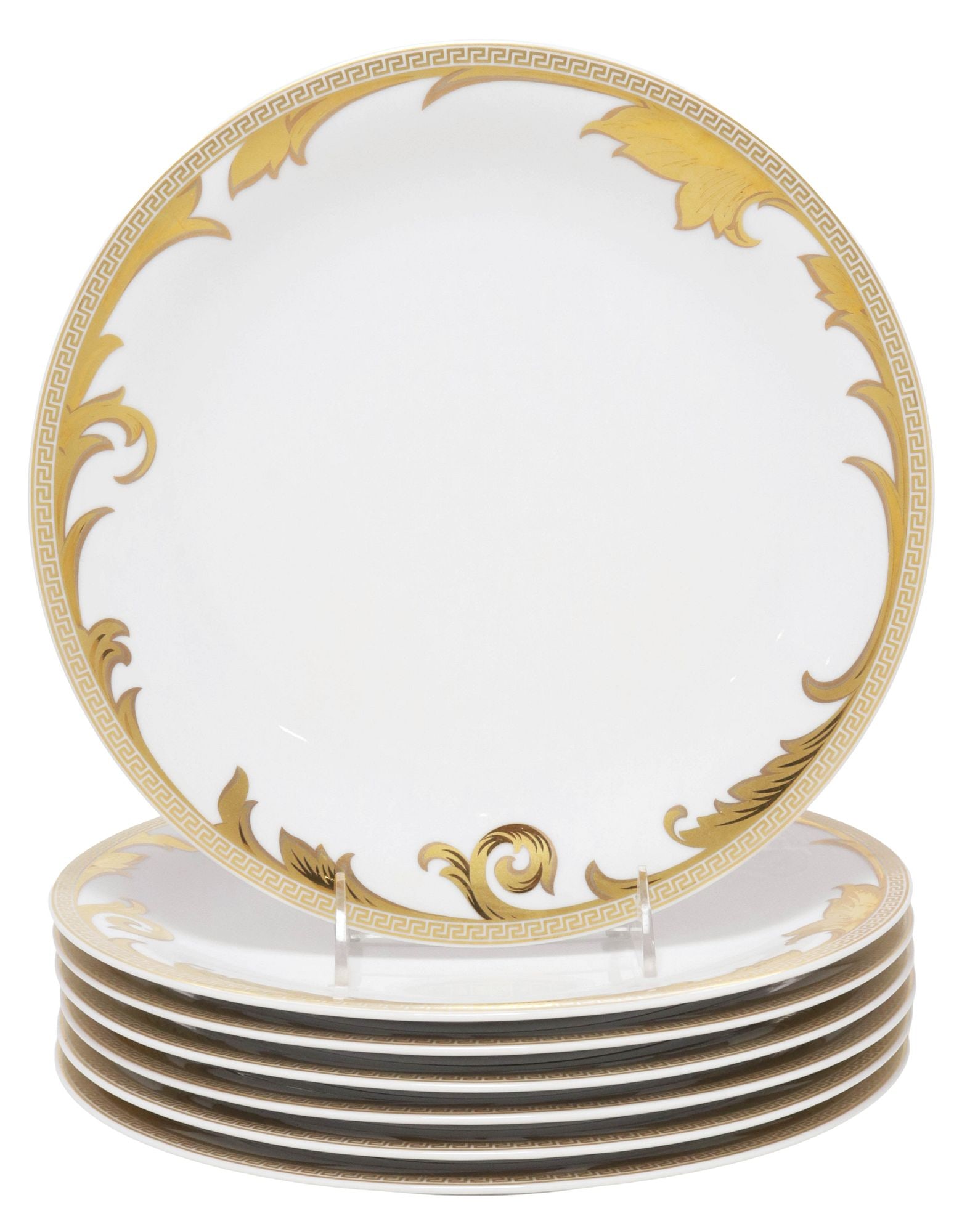 (7) VERSACE FOR ROSENTHAL 'ARABESQUE GOLD' PORCELAIN DINNER PLATES: (lot of 7) Designer parcel-gilt porcelain dinner plates, Versace for Rosenthal, in the "Arabesque Gold" pattern, each housed in branded box, each plate: approx 11"diam, largest box: approx 13.25"l, 13