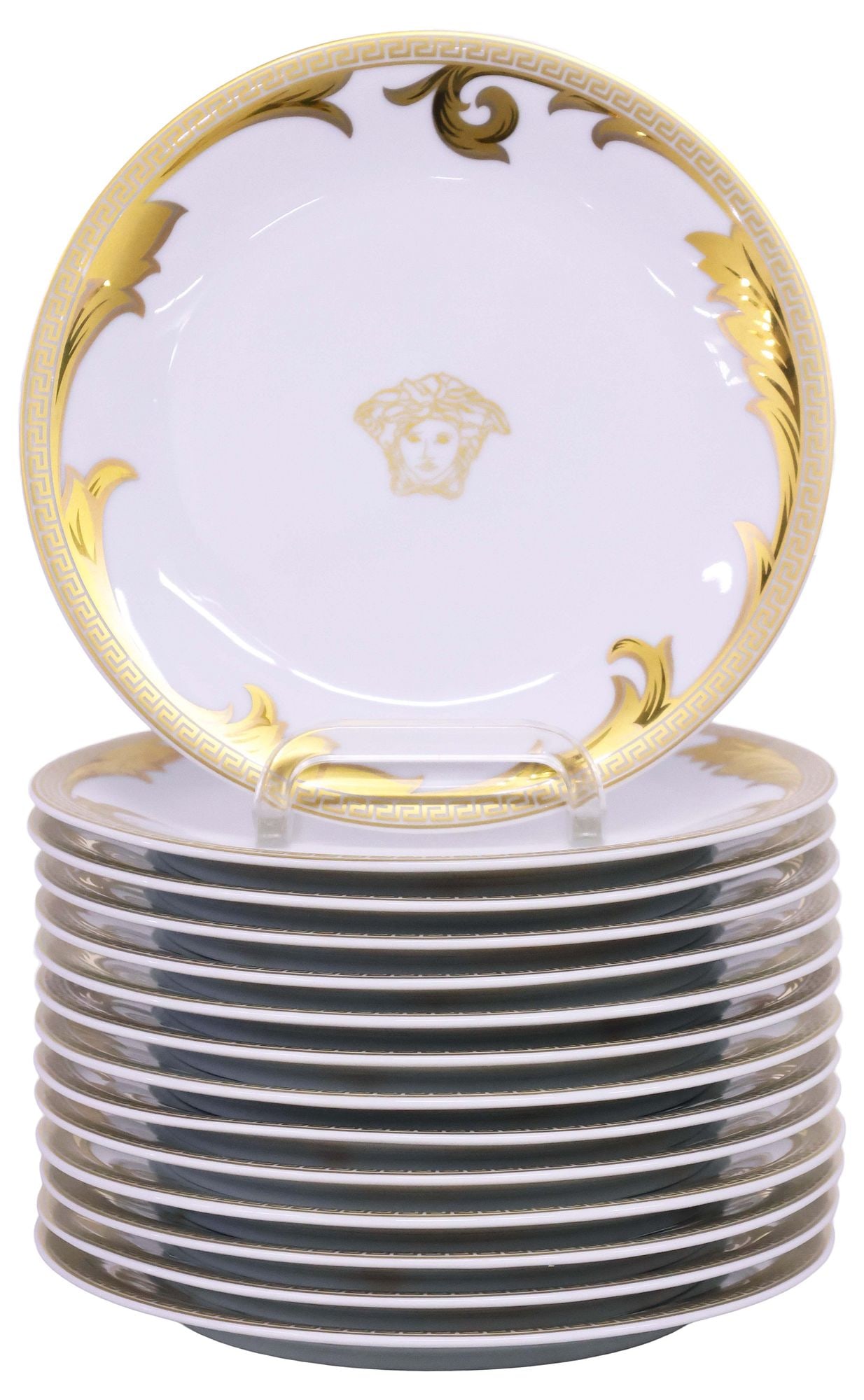 (14) VERSACE FOR ROSENTHAL 'ARABESQUE GOLD' PORCELAIN BREAD & BUTTER PLATES: (lot of 14) Designer parcel-gilt porcelain bread and butter plates, Versace for Rosenthal, in the "Arabesque Gold" pattern, each housed in a branded box, each plate: approx 7.25"diam, e