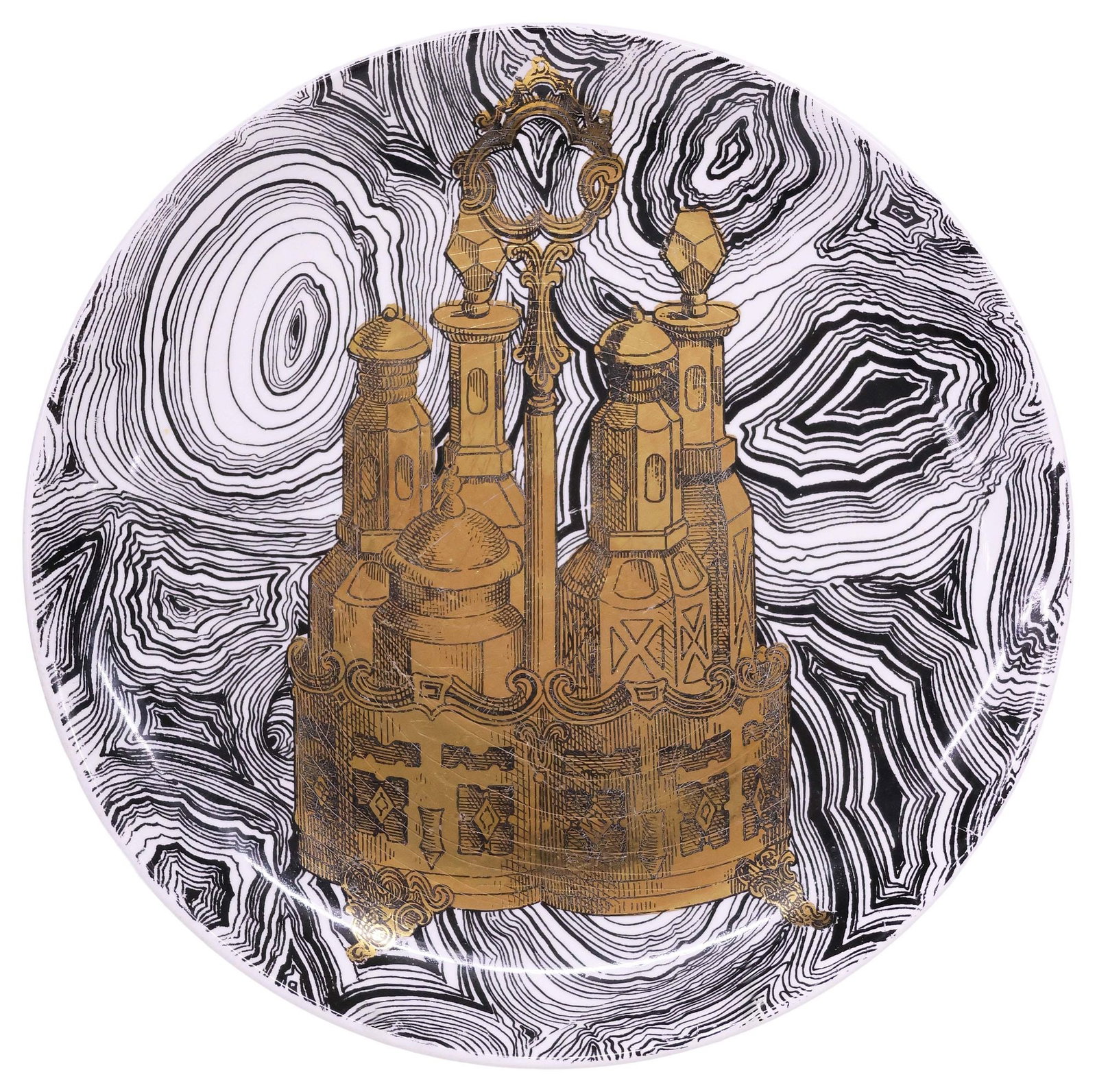 VINTAGE PIERO FORNASETTI 'STOVIGLIE' PARCEL-GILT PORCELAIN PLATE (1 of 3)