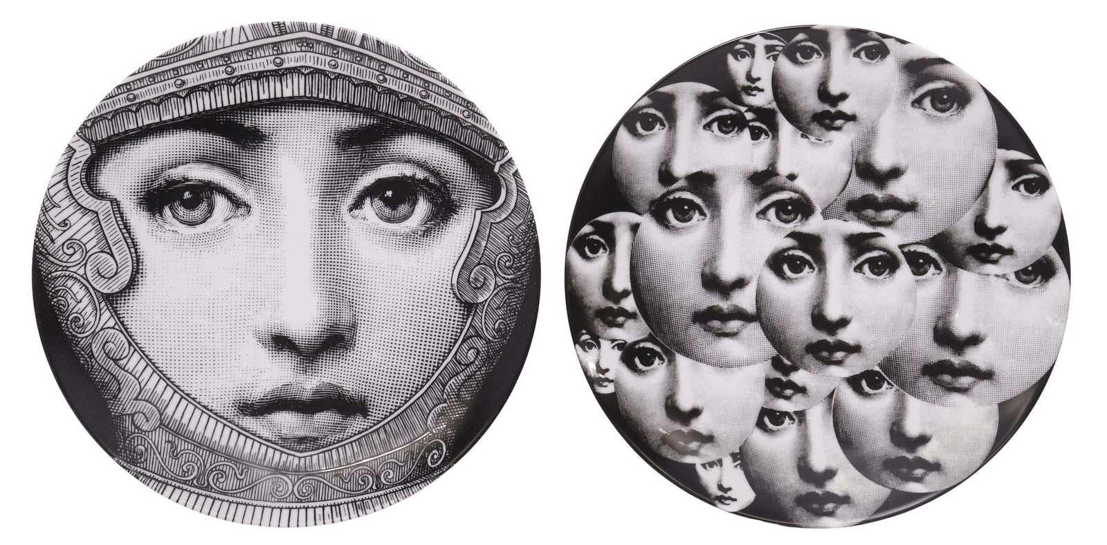 (2) PIERO FORNASETTI 'TEMA E VARIAZIONI' LINA CAVALIERI PLATES, NO. 95 & 165: (lot of 2) "Tema e Variazioni (Themes and Variations)" series porcelain plates, retailed by Barney's, New York, with designs after Piero Fornasetti (Italian, 1913-1988), each with depiction of Lina Ca