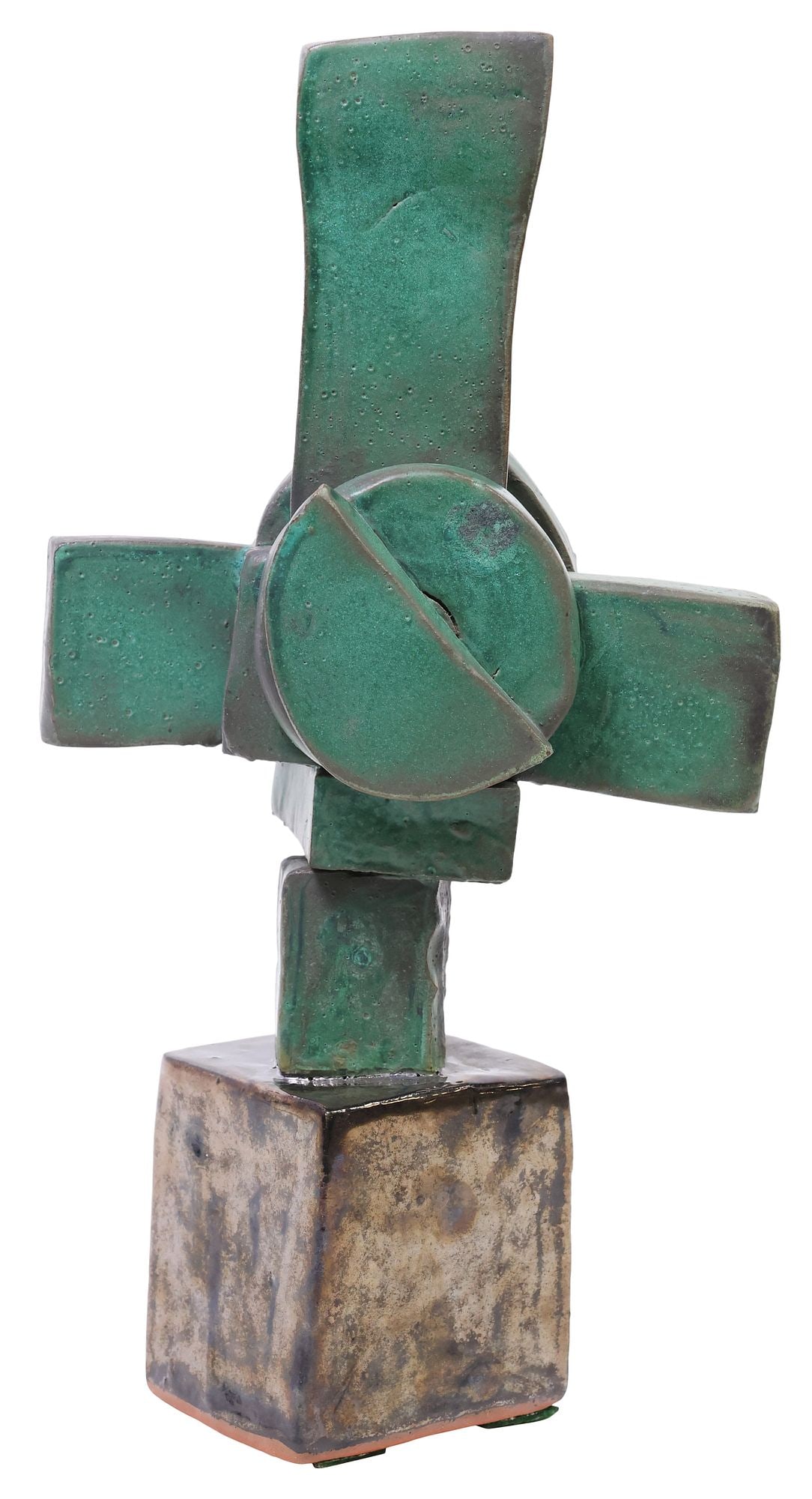 JUDY ENGEL (20TH C.) STUDIO ART CERAMIC SCULPTURE, ABSTRACT TOTEM: Contemporary studio art pottery sculpture, Untitled, initialed underfoot JE (Judy Engel, New York, 20th c.), in a matte verdigris and silver-tone luster glaze, approx 14"h, 7"w, 6.5"d, 7.75lbs **Prove