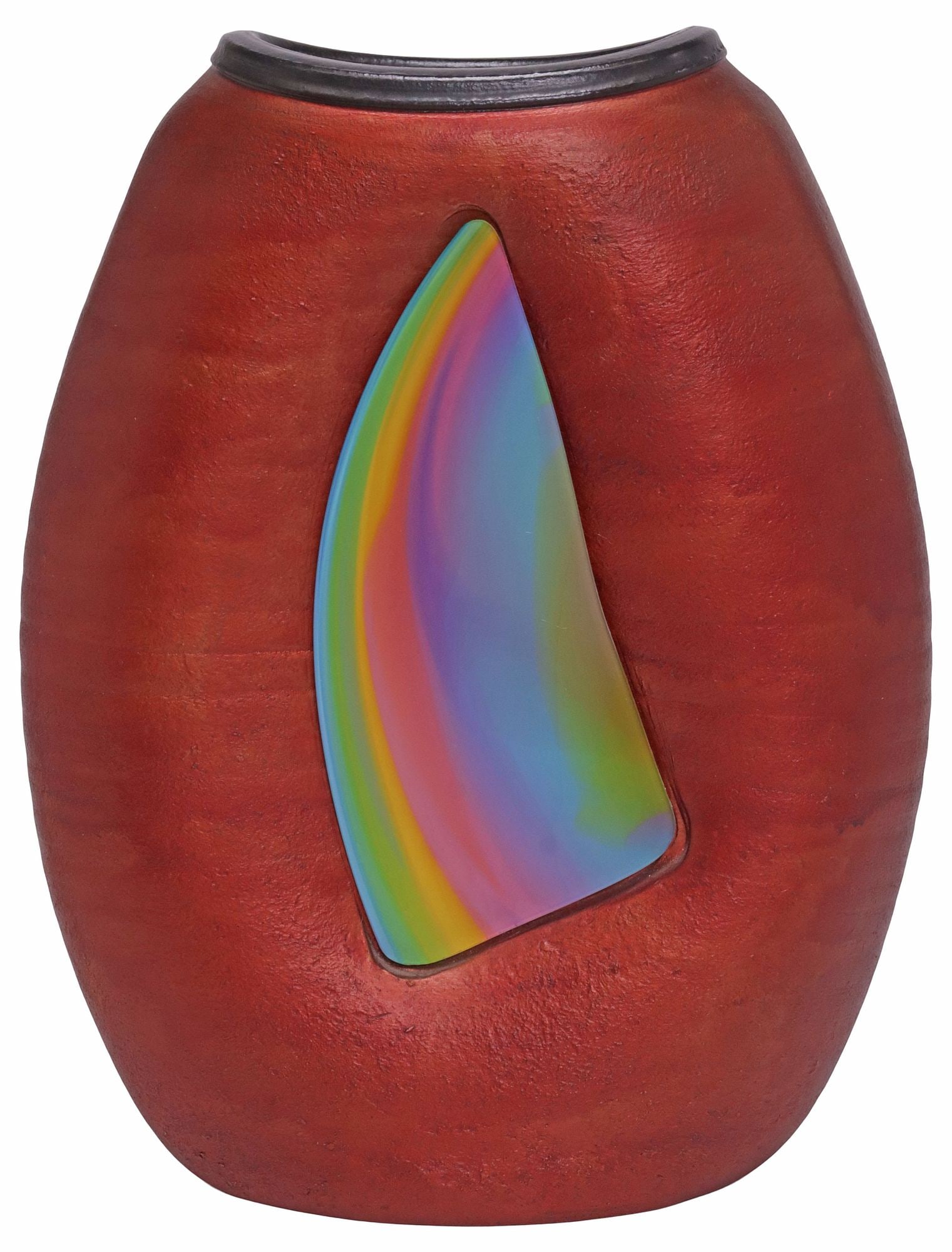MICHAEL WEINBERG (1953-2016) STUDIO ART POTTERY GLASS-INSET VASE: Contemporary studio art raku pottery vase, signed underfoot Weinberg (Michael Weinberg, Arizona, 1953-2016), dated 2007, with inset rainbow-colored glass panel, approx 13.75"h, 10.5"w, 3.5"d, 6.25lbs