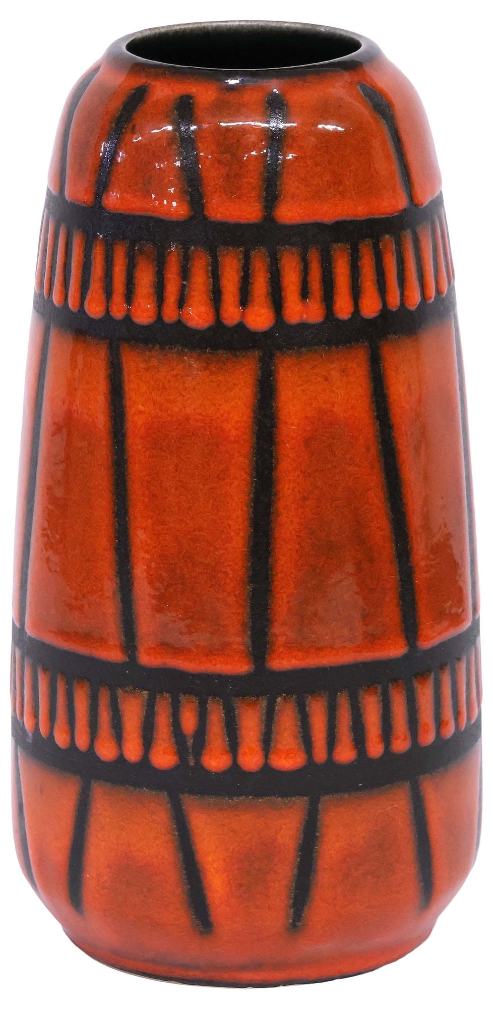 WEST GERMAN SCHEURICH KERAMIK GLAZED ART POTTERY GEOMETRIC VASE: West German glazed art pottery vase, Scheurich Keramik, c.1960s-1970s, orange glaze on matte black ground, with repeating geometric motifs, numbered 203 26 underfoot, approx 10.5"h, 5"diam, 2.25lbs