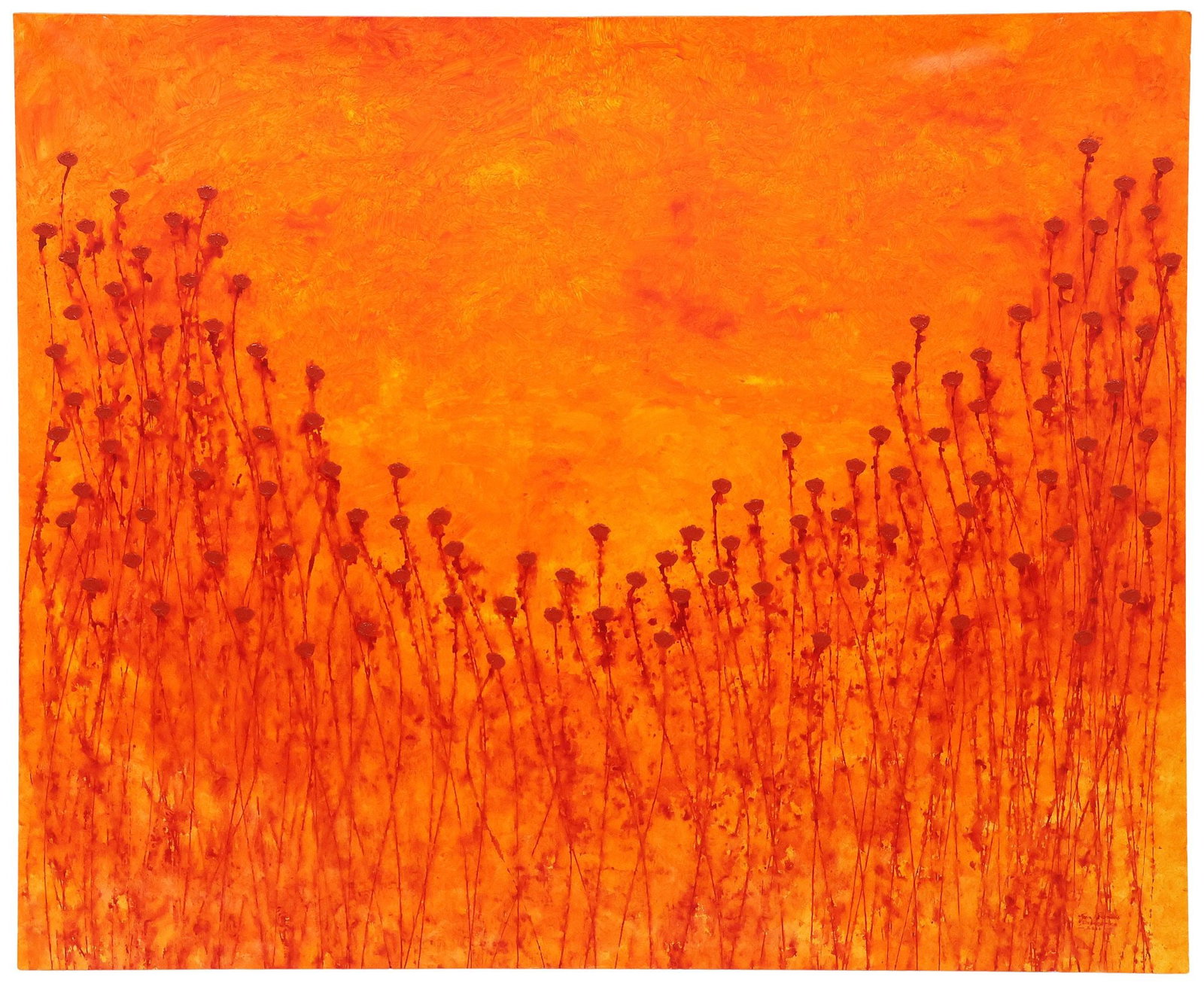 JEAN FRANCOIS DEBONGNIE (B.1968) ABSTRACT PAINTING, ORANGE POPPIES, 71" X 87": Large abstract acrylic on canvas painting, Orange Poppies, signed lower right Jean Francois Debongnie (Belgian, active Singapore, b.1968), dated 2016, approx 70.75"h, 86.5"w, 23lbs