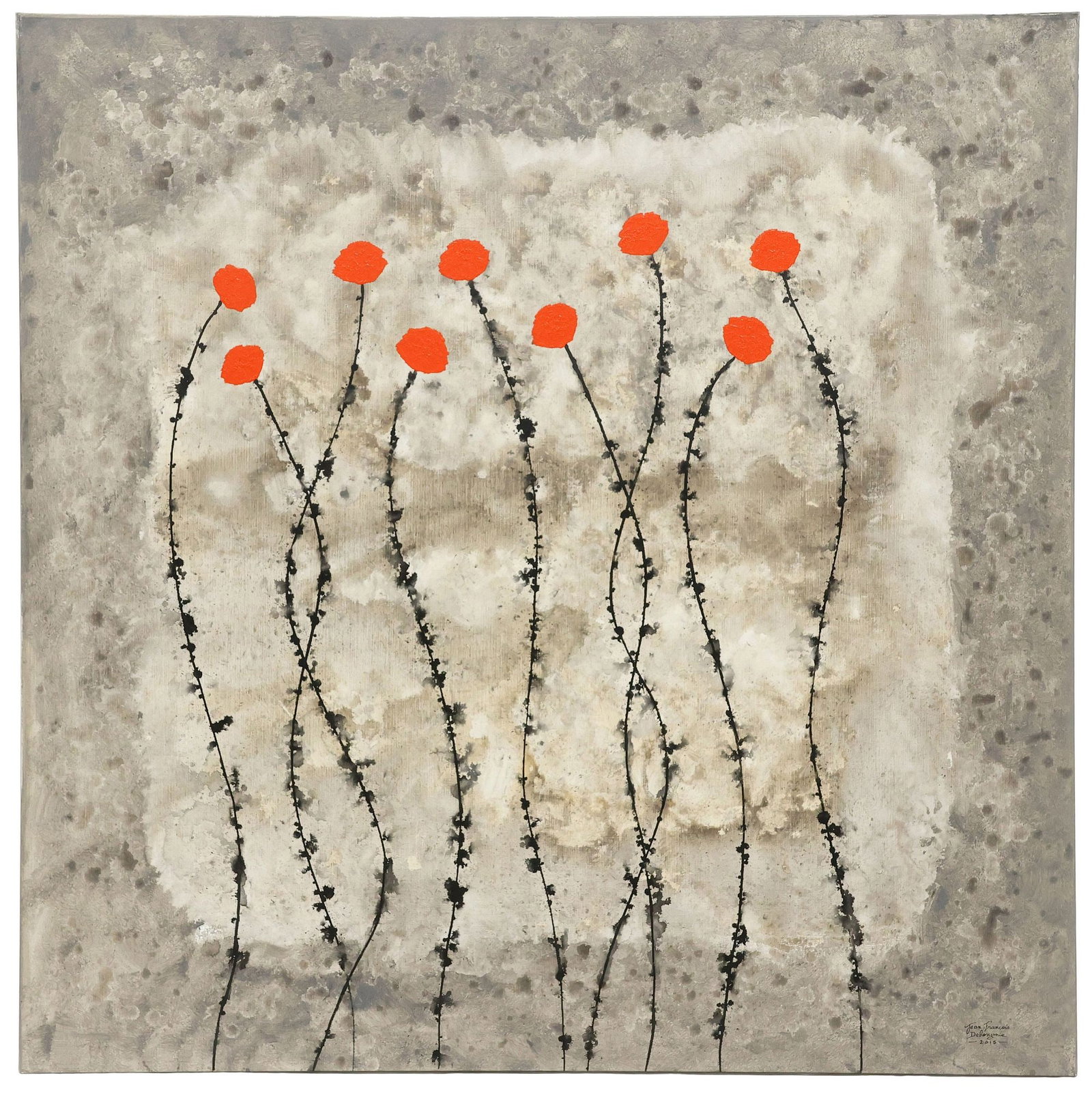 JEAN FRANCOIS DEBONGNIE (B.1968) ABSTRACT PAINTING, POPPY FLOWERS, 63" X 63": Large abstract acrylic on canvas painting, Poppy Flowers, signed lower right Jean Francois Debongnie (Belgian, active Singapore, b.1968), dated 2015, approx 63"h, 63"w, 15.25lbs