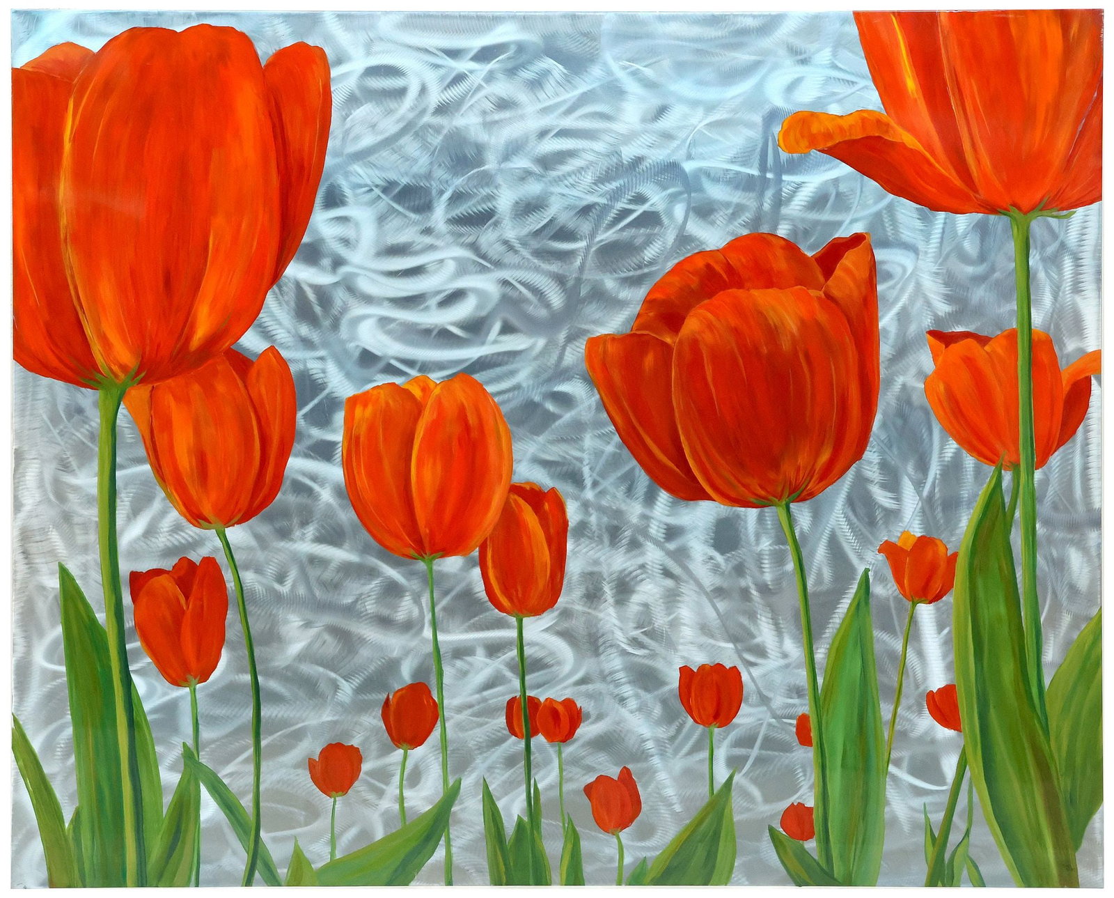 DEB WITTE (20TH C.) 'TULIPS IN SPRING' ACYLIC ON ALUMINUM PAINTING, 48" X 60": Unframed acrylic on aluminum sheet painting, "Tulips in Spring," signed lower right Deb Witte (American, 20th c.), in a urethane finish, approx 48"h, 50"w, 26lbs **Provenance: Dallas, Texas: When the