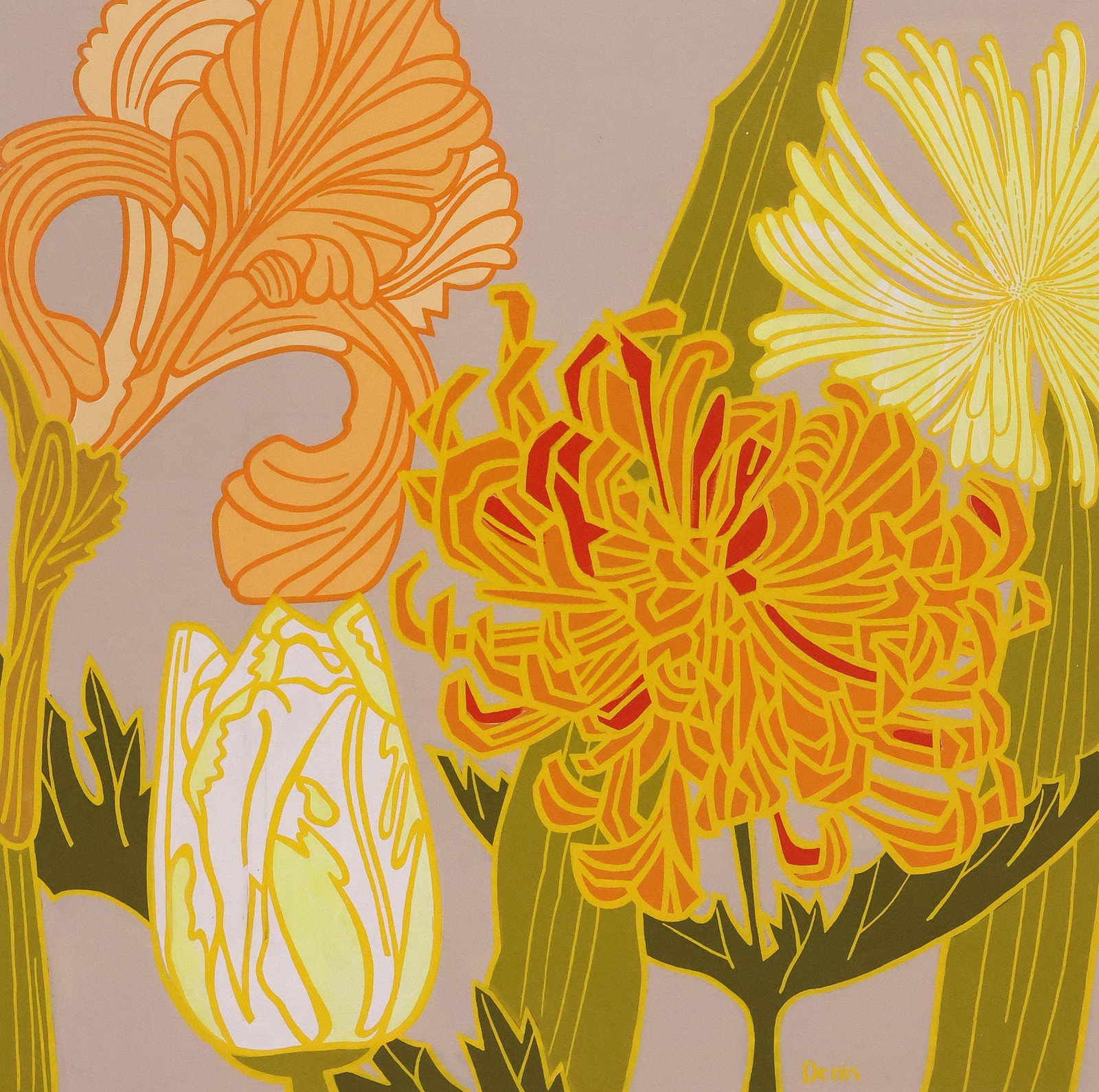 SIGNED DENIS LARGE ACRYLIC PAINTING, ART NOUVEAU STYLE FLOWERS (1 of 4)