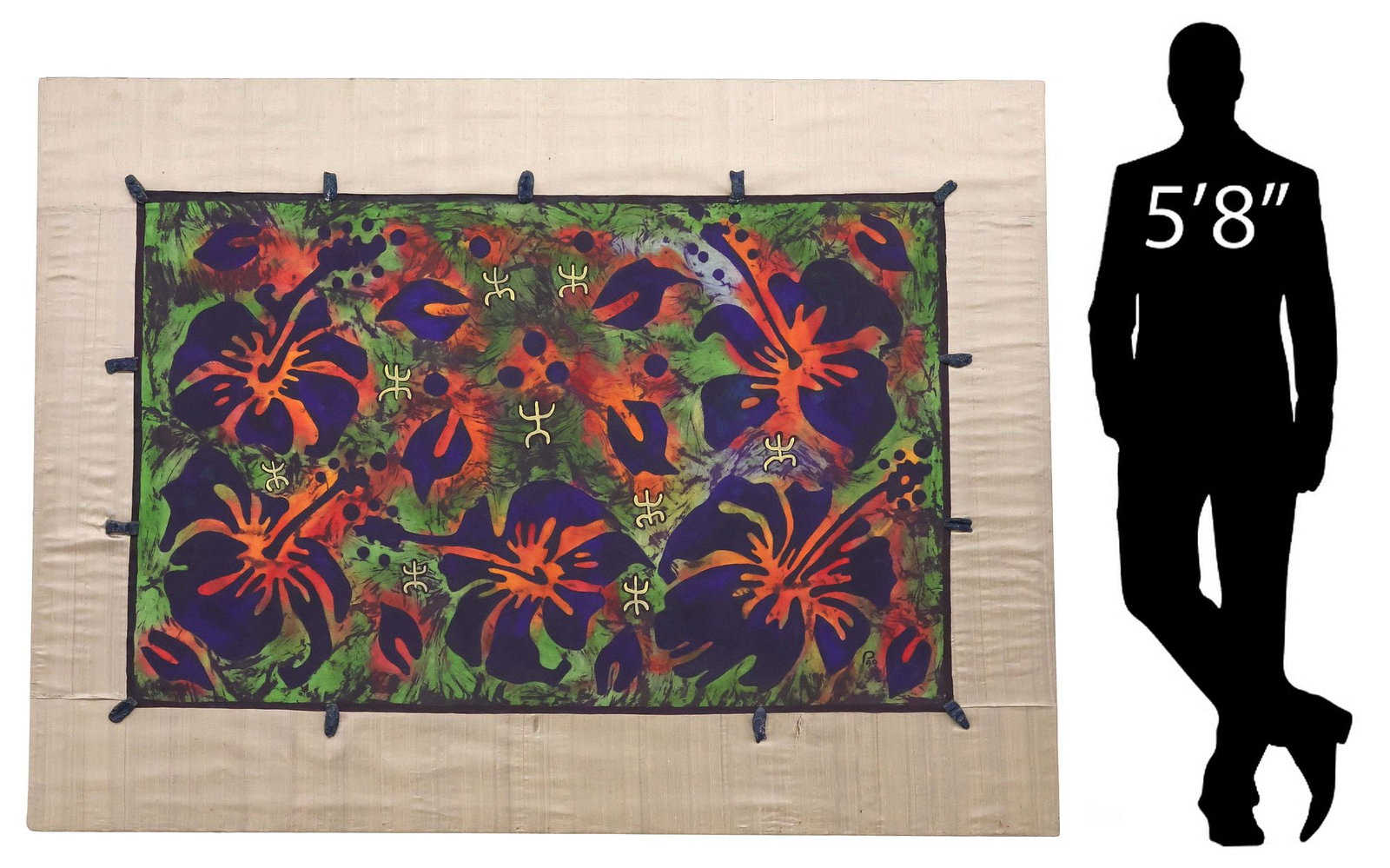 SIGNED PAO (20TH C.) PAINTED FABRIC TAPESTRY ON BOARD, 'BORA,' 65" X 88.5": Framed acrylic on fabric painting, mounted to wood panel in a slubbed gray fabric upholstery, Polynesian Flower with Stylized Yaz/ Aza (Free Man), signed lower right Pao (20th c.), titled lower left