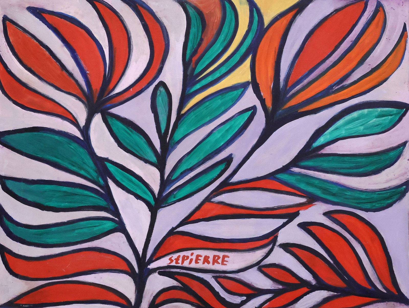 TOUSSAINT ST. PIERRE (HAITIAN, 1923-1985) PAINTING, FOLIATE FRONDS: Framed oil on Masonite painting, Polychrome Foliate Leaves, signed lower center St. Pierre (Toussaint St. Pierre, Haitian, 1923-1985), sight: approx 18"h, 24"w, overall: approx 19.5"h, 25.75"w,
